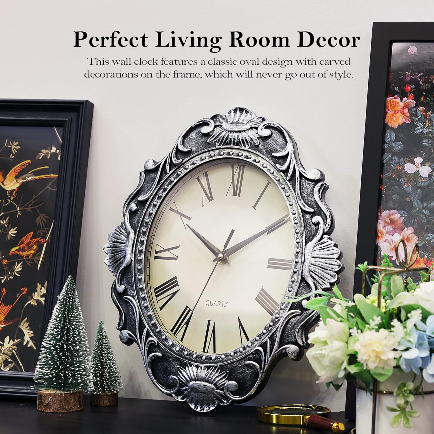 AYRELY® 14-inch oval rustic wall clock with black hands and vintage wood finish, battery-operated country-style home decor.