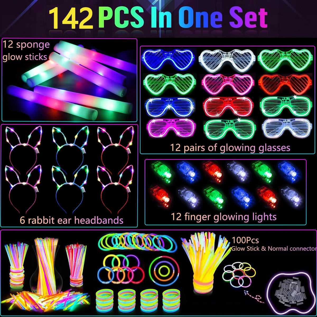 142 PCS Glow in the Dark Party Supplies 12 Foam Sticks 12PCS - AioAuiy Official Imagery - 3