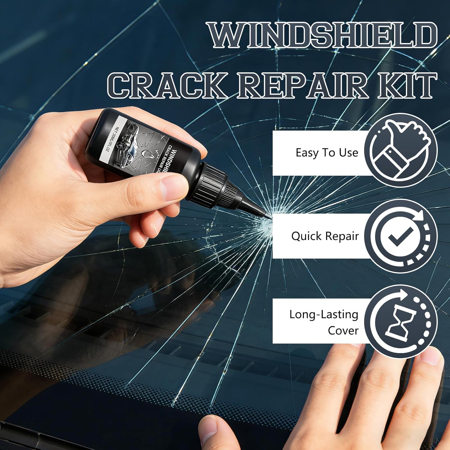 KEBEGE windshield crack repair kit with tools and resin for quick DIY glass crack fixing on car windshields.