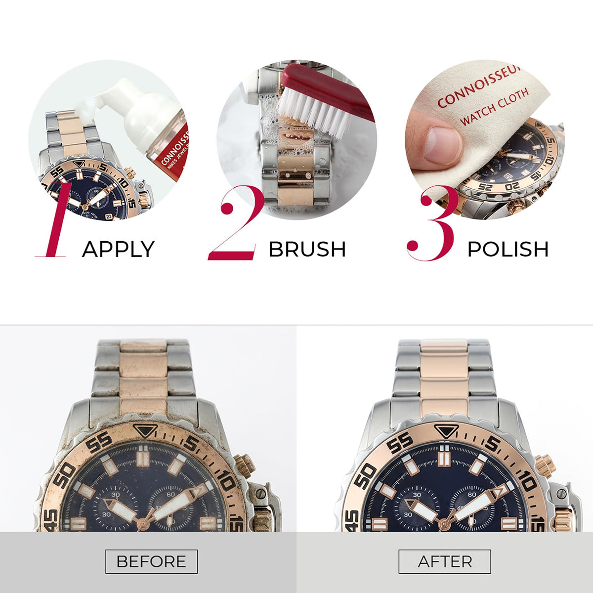 CONNOISSEURS 3 Piece Watch Cleaning Kit with Foam Cleanser - CONNOISSEURS Official Imagery - 3