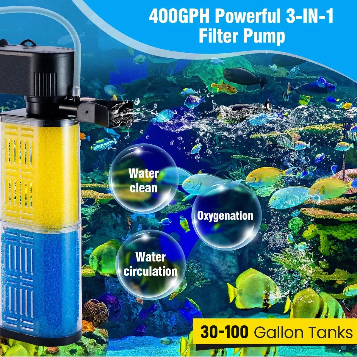 3 in 1 Aquarium Filter for 30 100 Gallons Fish Turtle Tank - OQTTNEO Official Imagery - 4