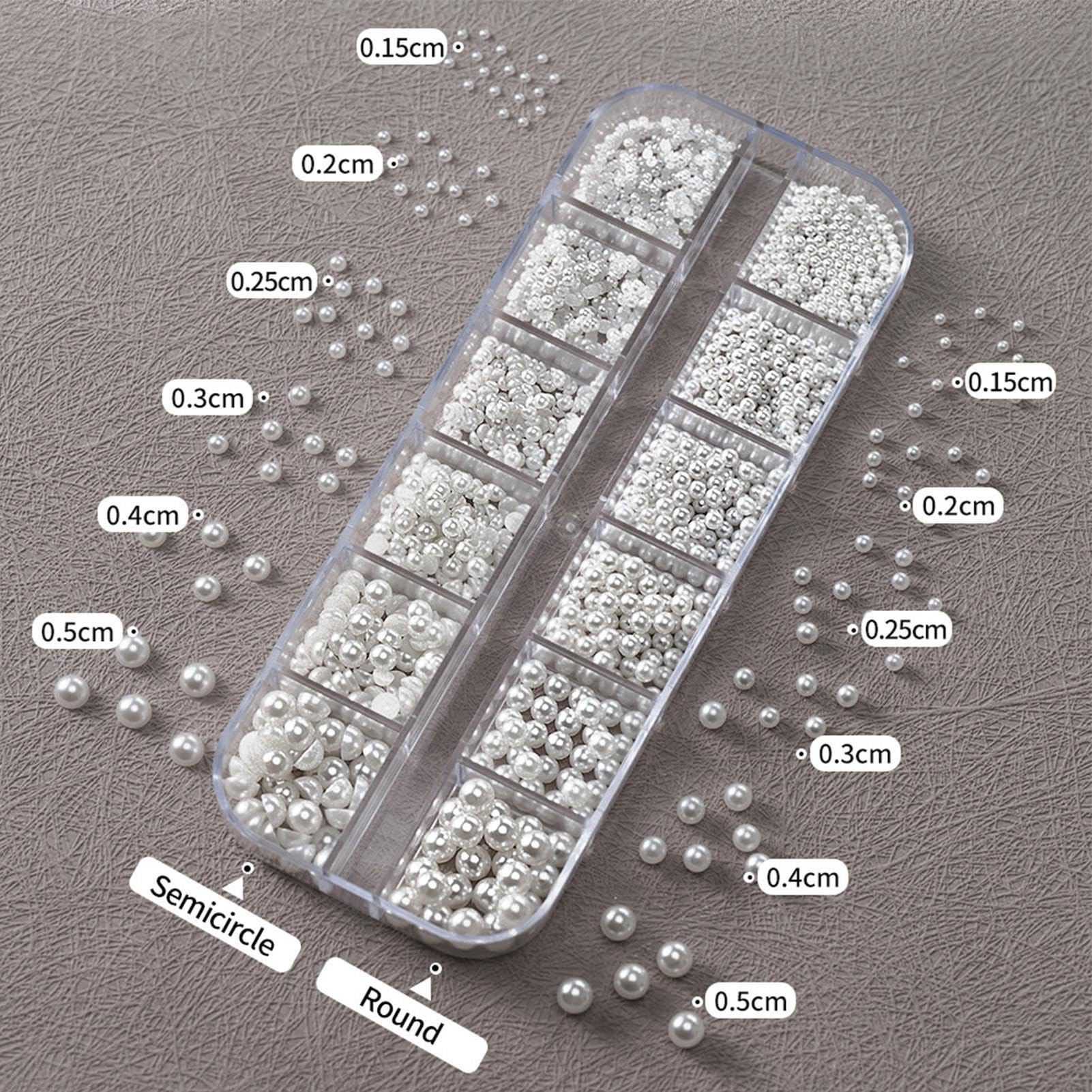 Glitter nail charms with pearl decorations for manicures, manicure embellishment supplies, tools for nail art.
