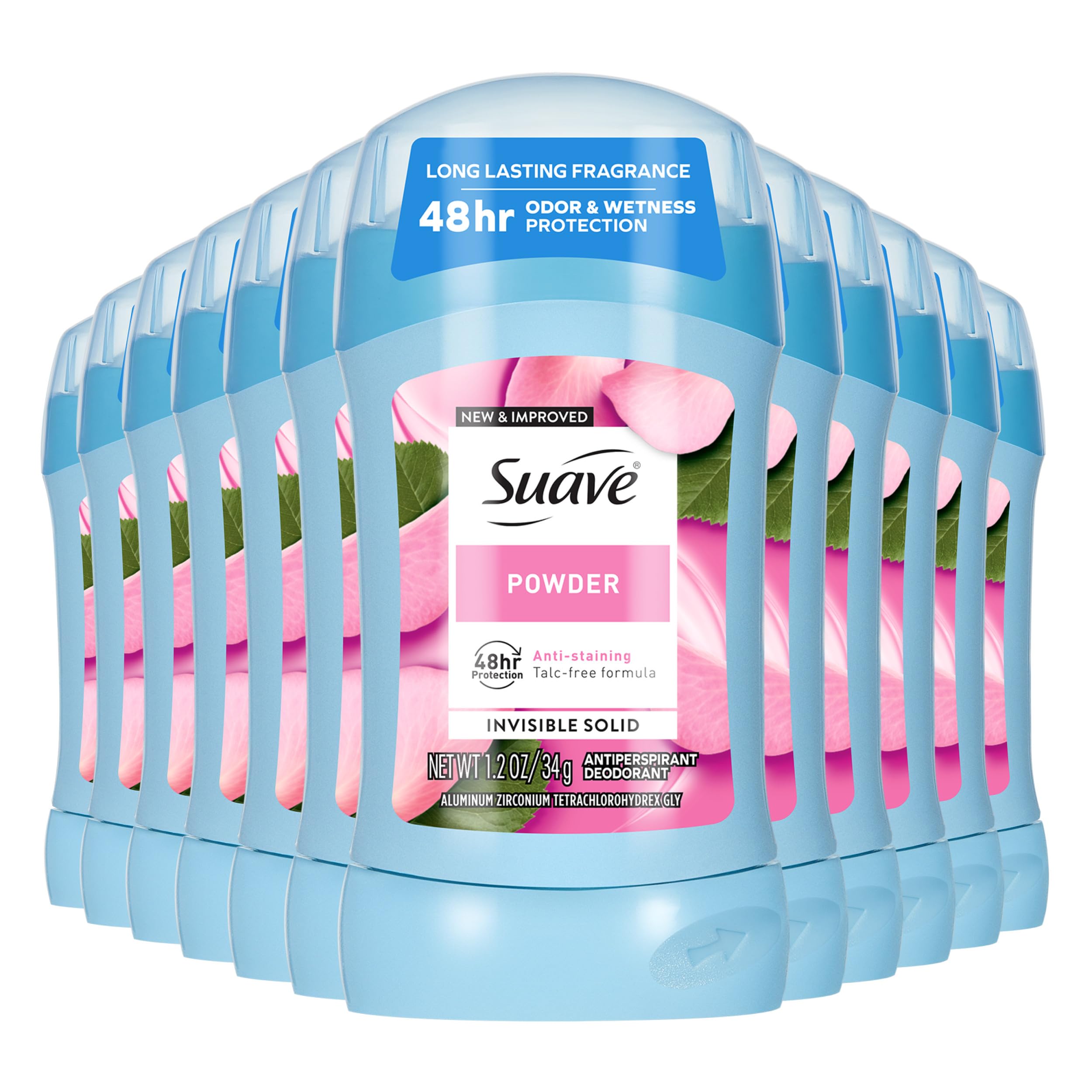 Suave Antiperspirant Deodorant For Women, Invisible, Underarm Deodorant, 48hr Odor & Wetness Protection, Long Lasting Powder, Sensitive Skin Deodorant Solid Stick, 1.2 oz (12 Bulk Pack)
