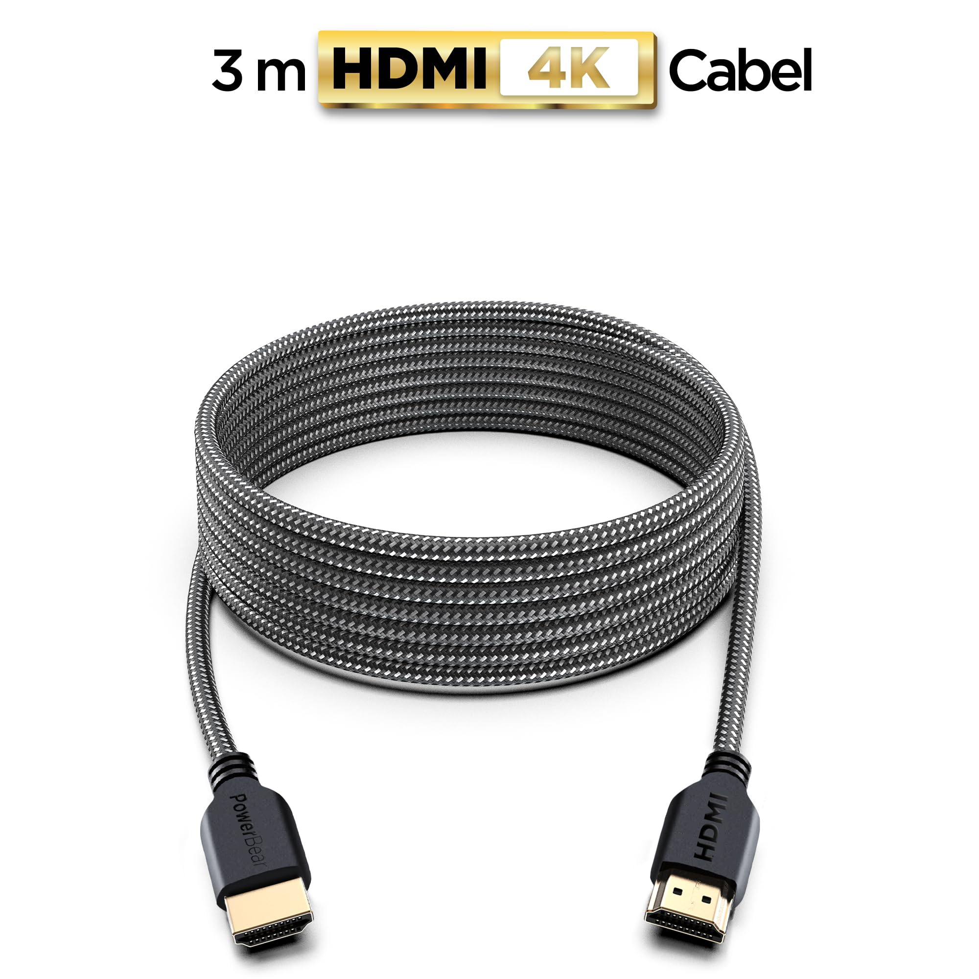 PowerBear 4K HDMI cable 10 ft with braided nylon, gold connectors, supports 4K @ 60Hz, 1080P, ARC, ideal for gaming and streaming.