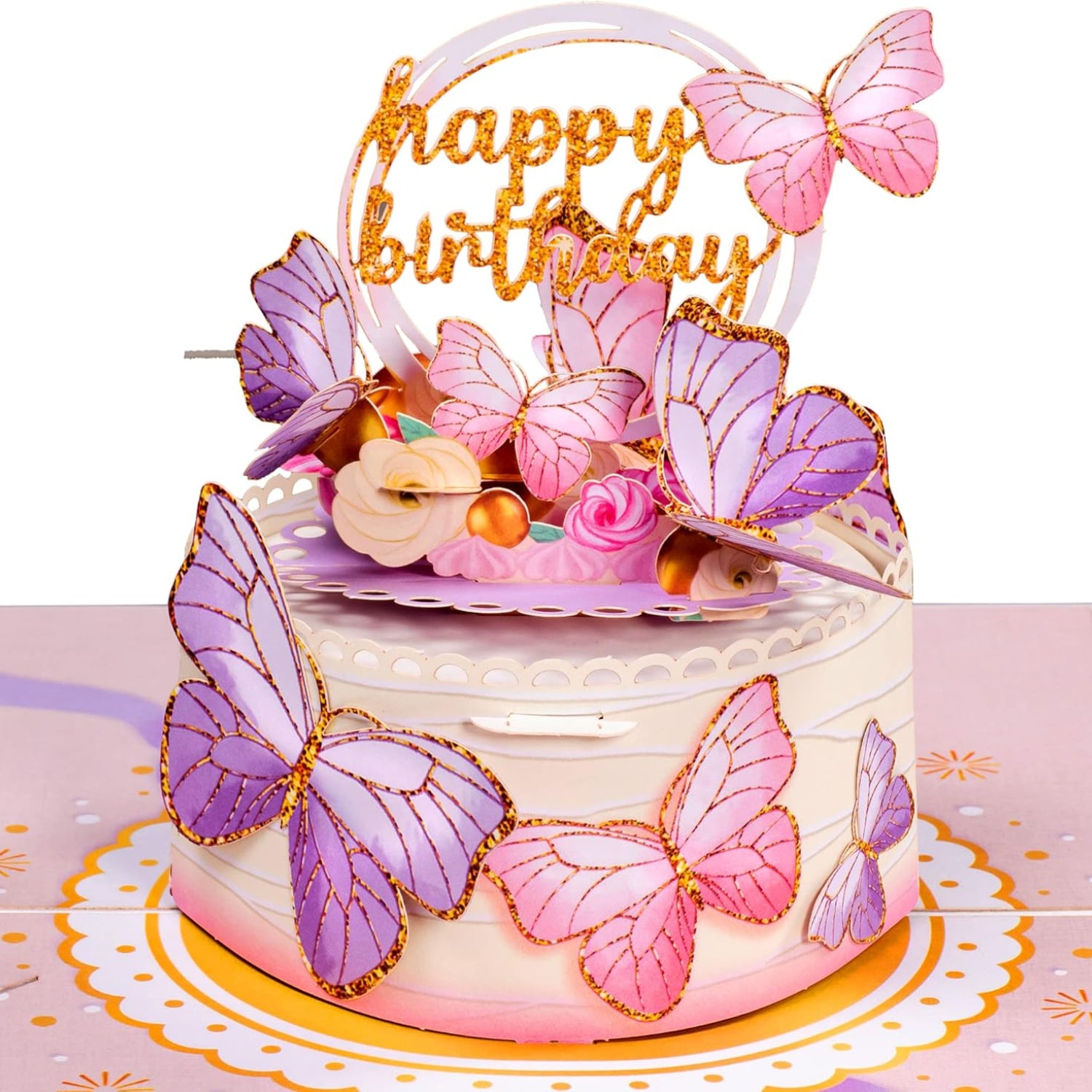 Paper Love 3D butterfly birthday cake pop-up card featuring colorful paper butterflies for kids and adults.