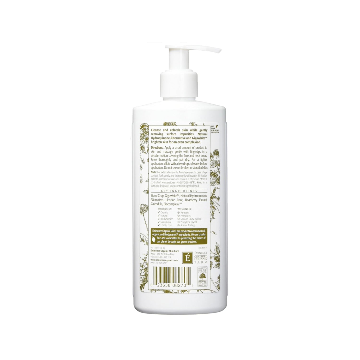 Eminence Bright Skin Cleanser in an 8.4-ounce bottle, featuring a clear liquid with a white cap, designed for brightening skin.