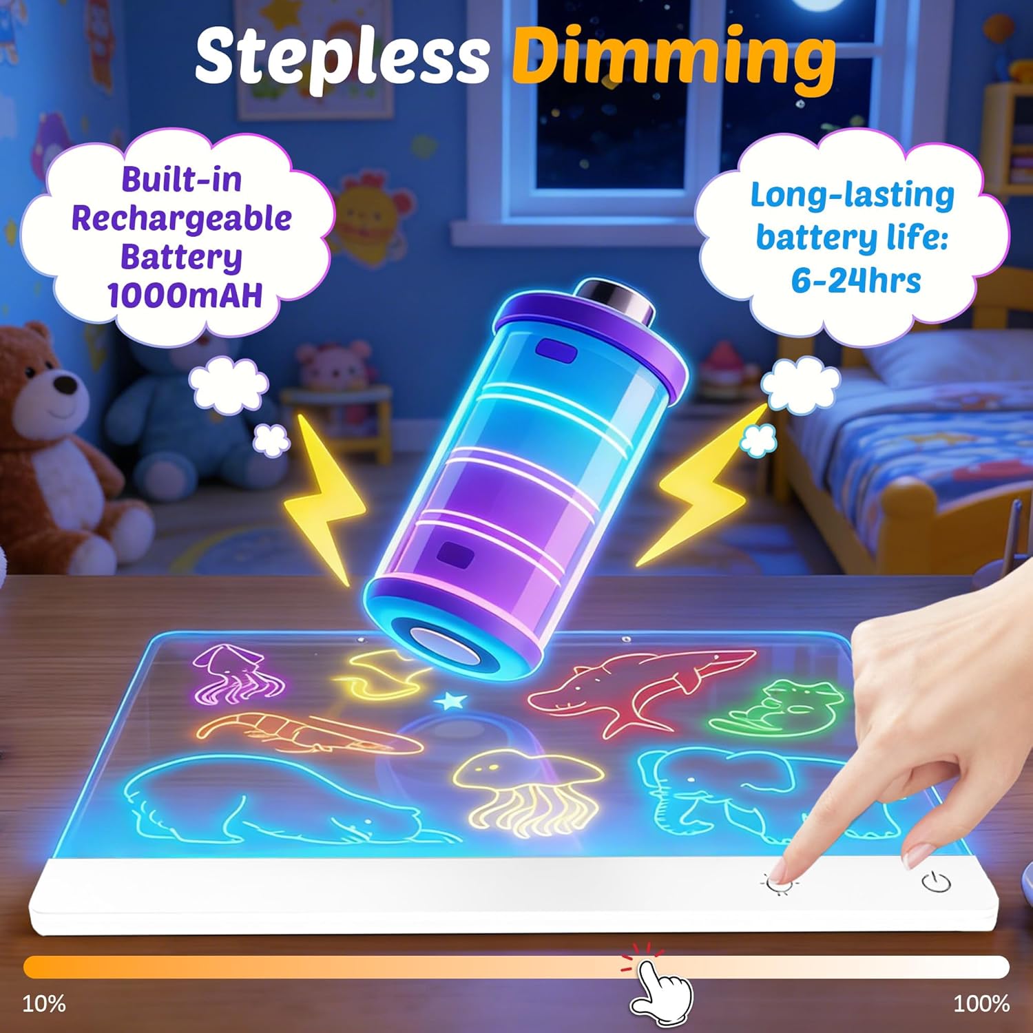 MOKOQI 16-inch rechargeable LED drawing board for kids with light-up surface for creative drawing and doodling.