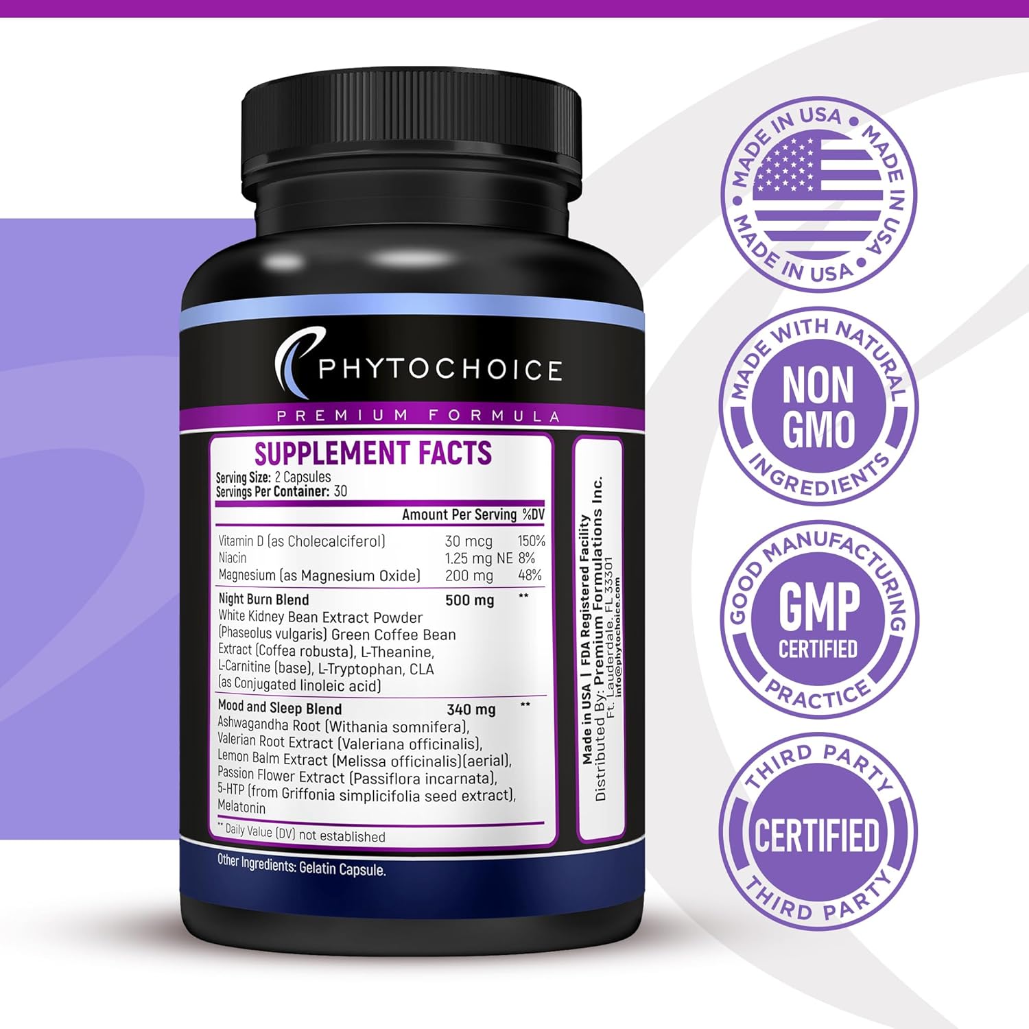 Night Time Fat Burner diet pills by PHYTOCHOICE, 60 capsules with magnesium and melatonin for weight loss in women and men.