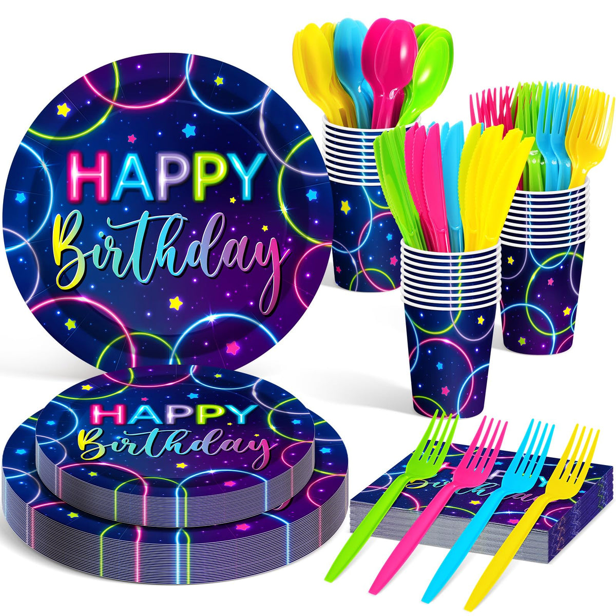 Meanplan 168 Pcs Neon Glow Birthday Party Tableware Set for - Meanplan Official Imagery - 1