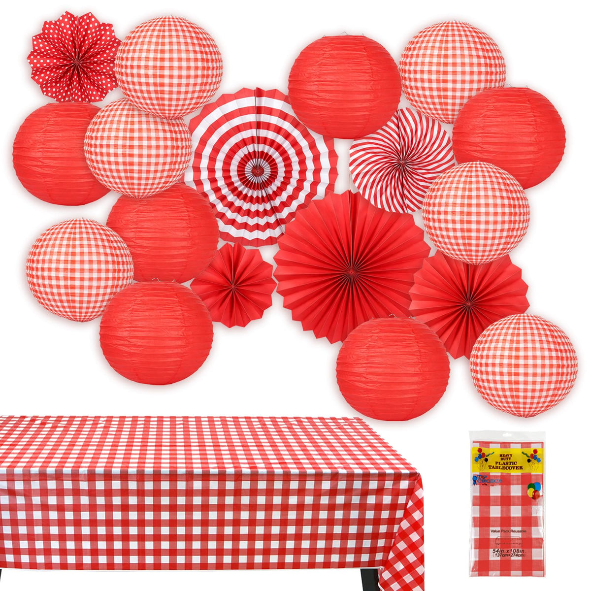12 Pcs Red and White Checkered Paper Lanterns Set with - LuxDuo Official Imagery - 1