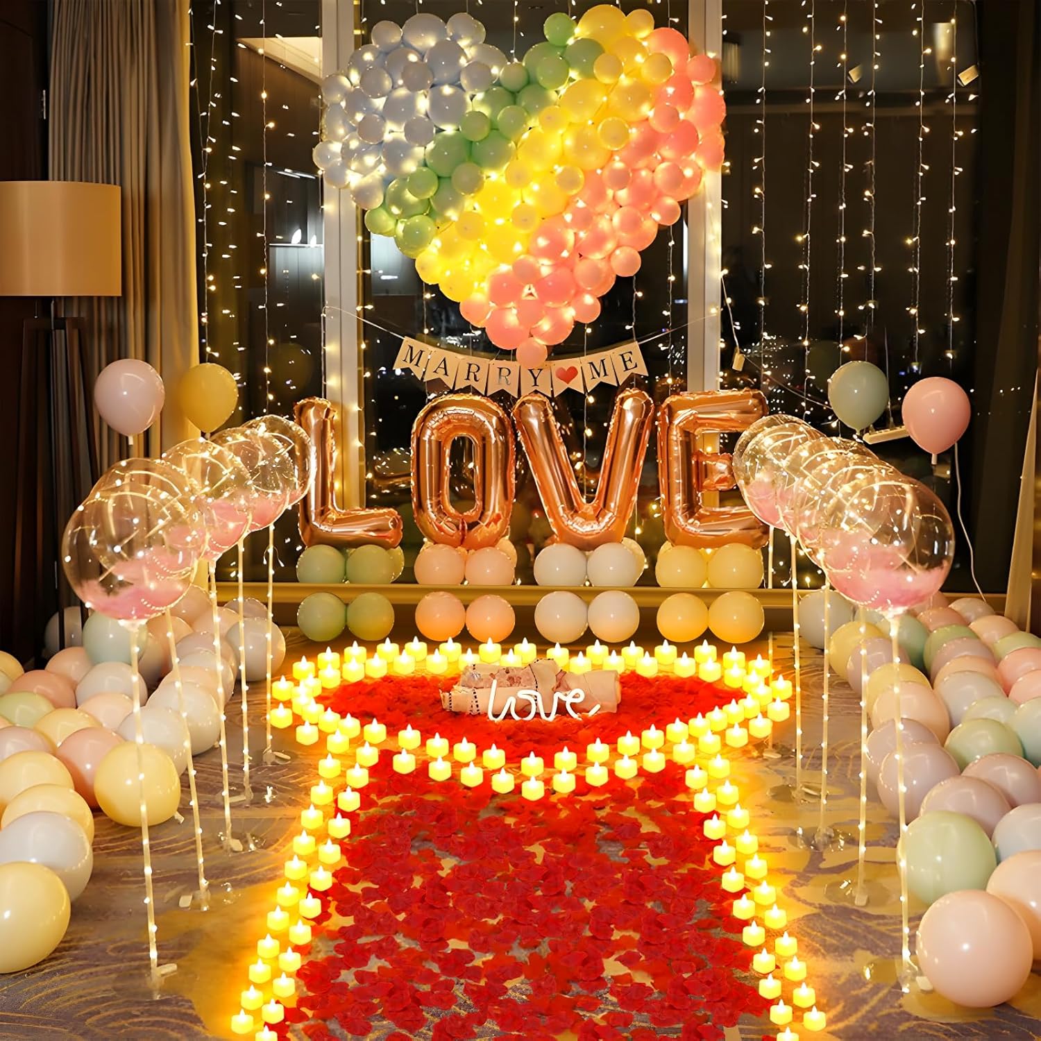Set of 6,000 artificial rose petals and 72 flameless candles, perfect for romantic decorations and special occasions.