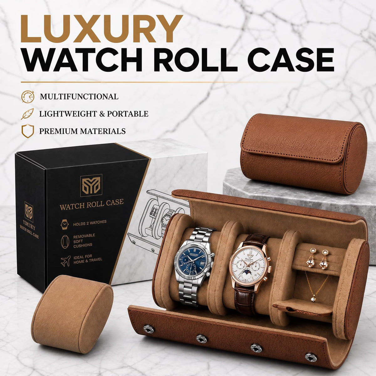 Travel Watch Box 2 Watch Slots Jewelry Case for Ring - YMluky Official Imagery - 4