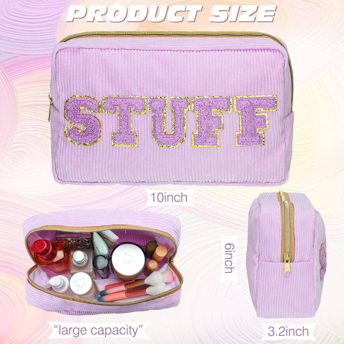 4 Preppy Chenille Letter Makeup Bags Purple Pink White Green - Pinkunn Official Imagery - 3
