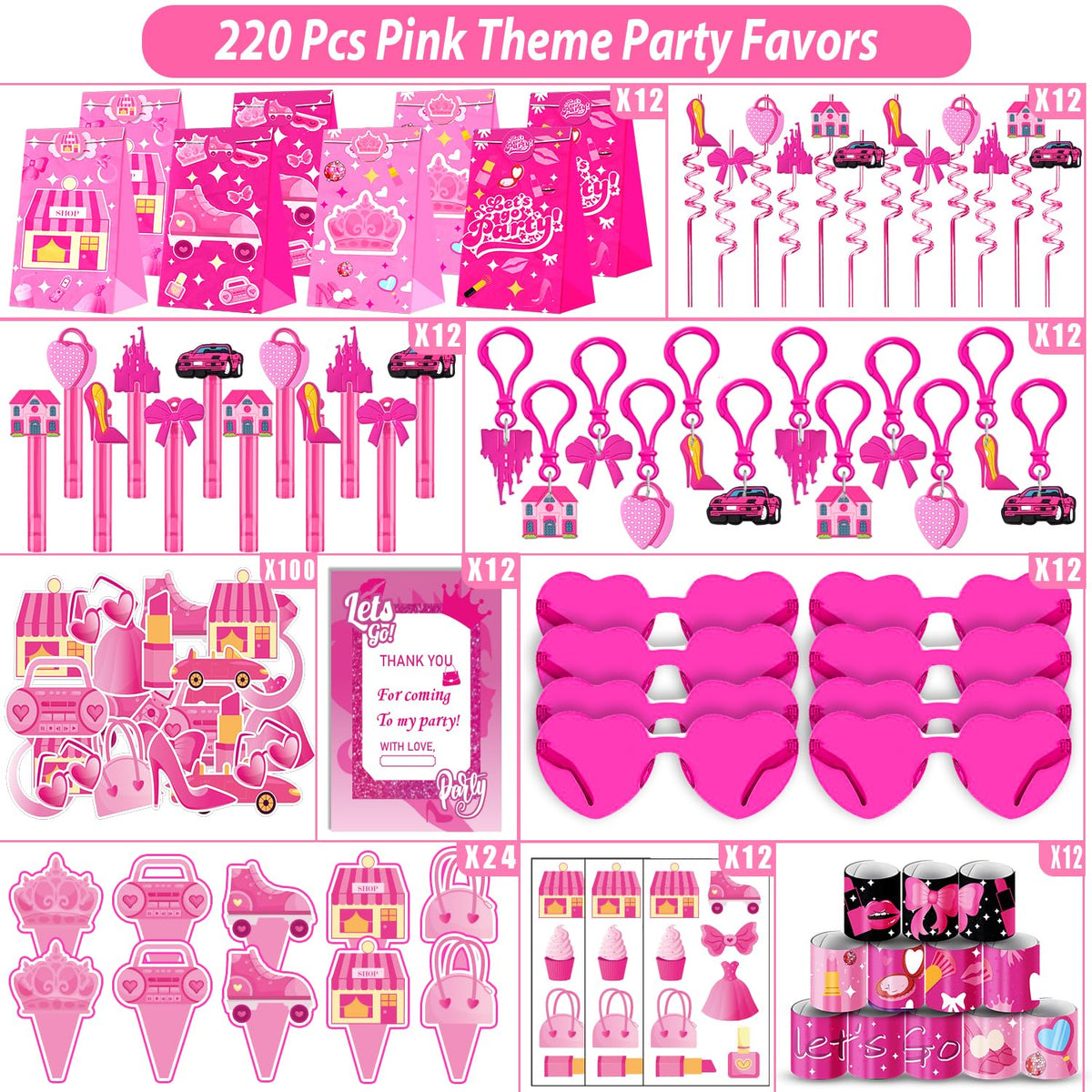 220PCS Pink Party Favors Kit for Girls Birthday Supplies - Fumogym Official Imagery - 4