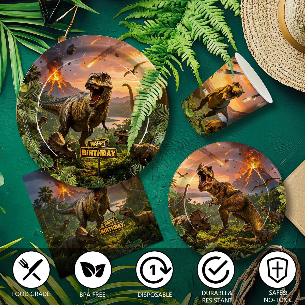 208pcs Dinosaur Birthday Decorations Plates Napkins Party - JVORFDG Official Imagery - 5