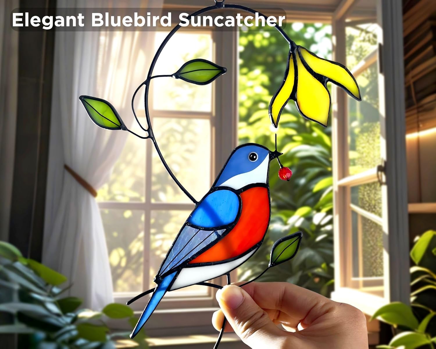 AuroAura bluebird and flower stained glass window hanging, decorative art piece for women, mom, and grandma.