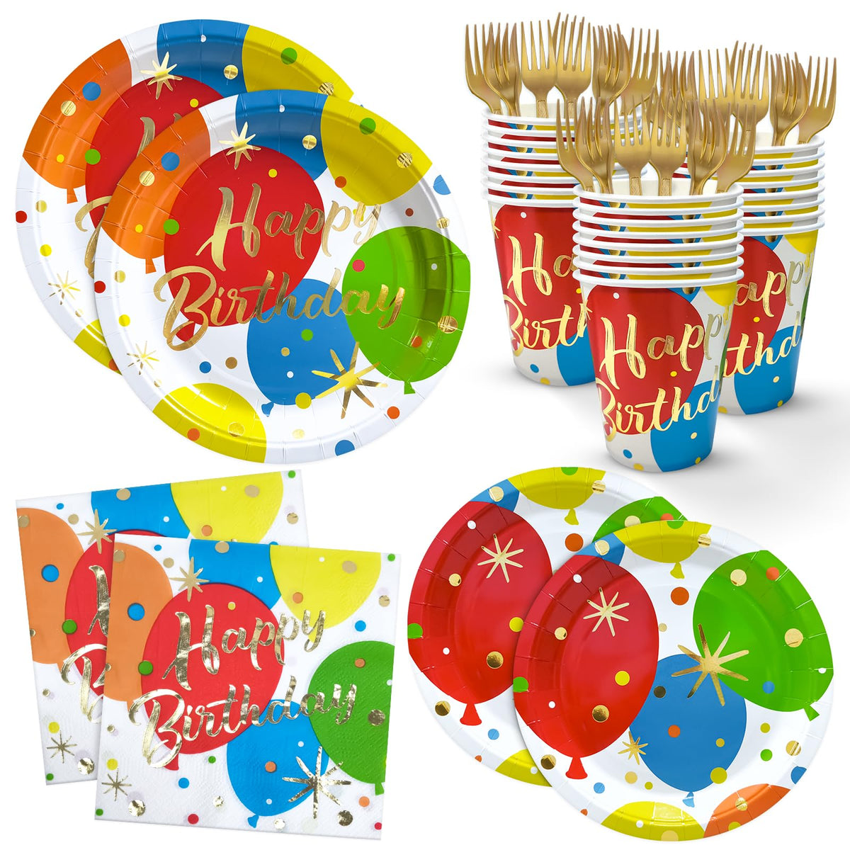 ZVK Balloon Birthday Paper Plates Napkins and Cups Foks Gold - ZVK Official Imagery - 1
