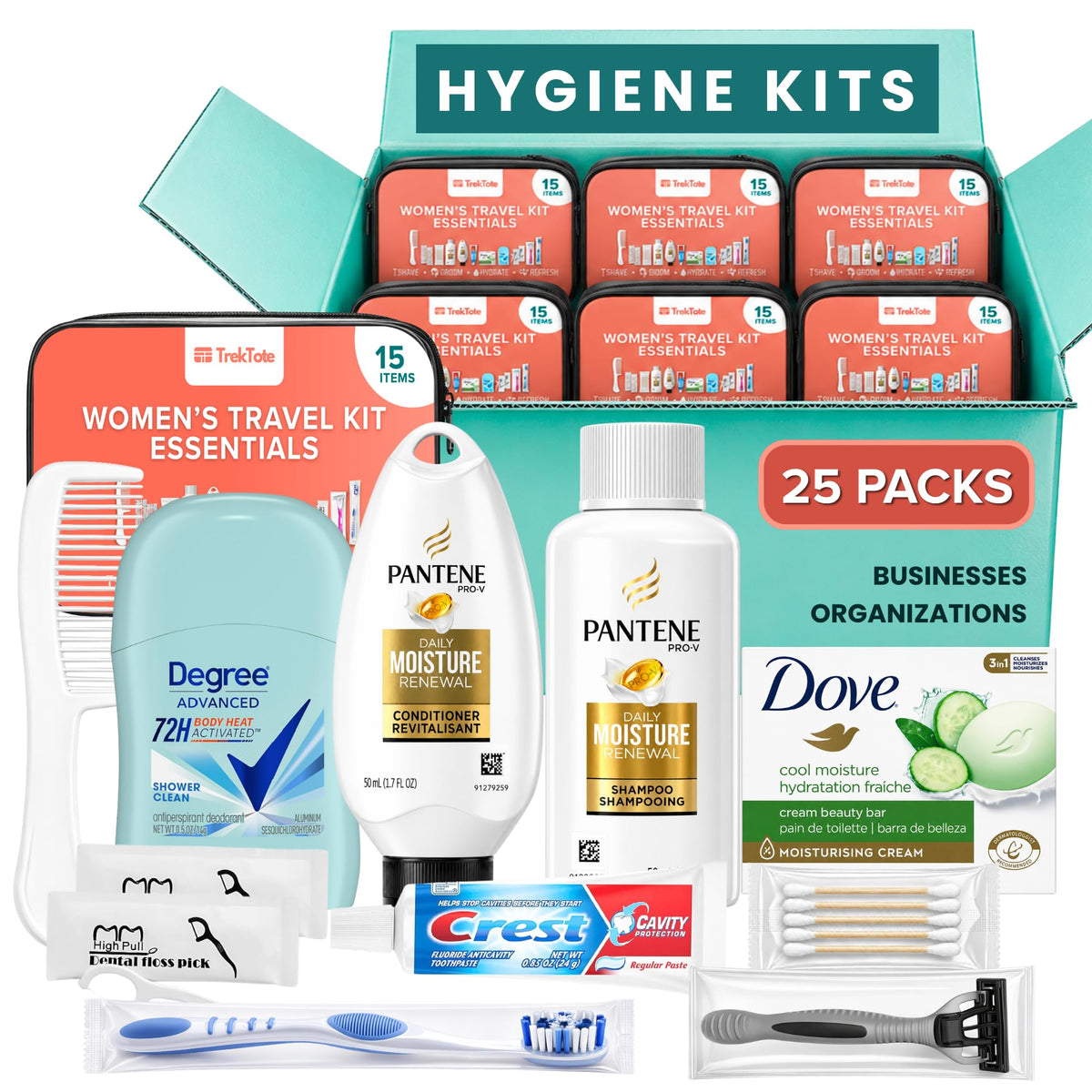 Hygiene Kits Bulk 25 Pack Womens Travel Size Toiletries for - TREKTOTE Official Imagery - 1