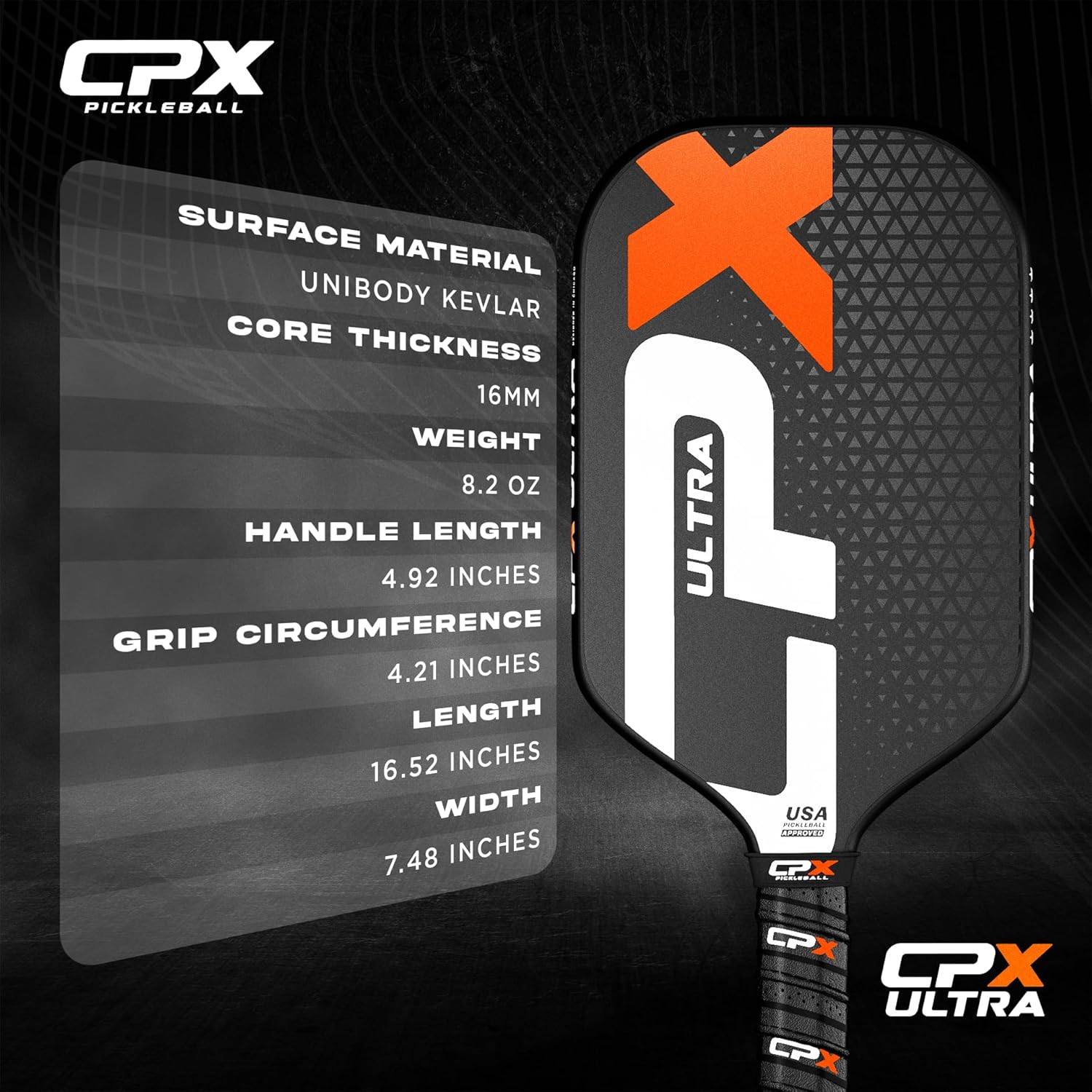 CPX Pickleball CPX Ultra Series fiber-reinforced pickleball paddle with 16mm thickness, showing the textured surface and ergonomic handle.
