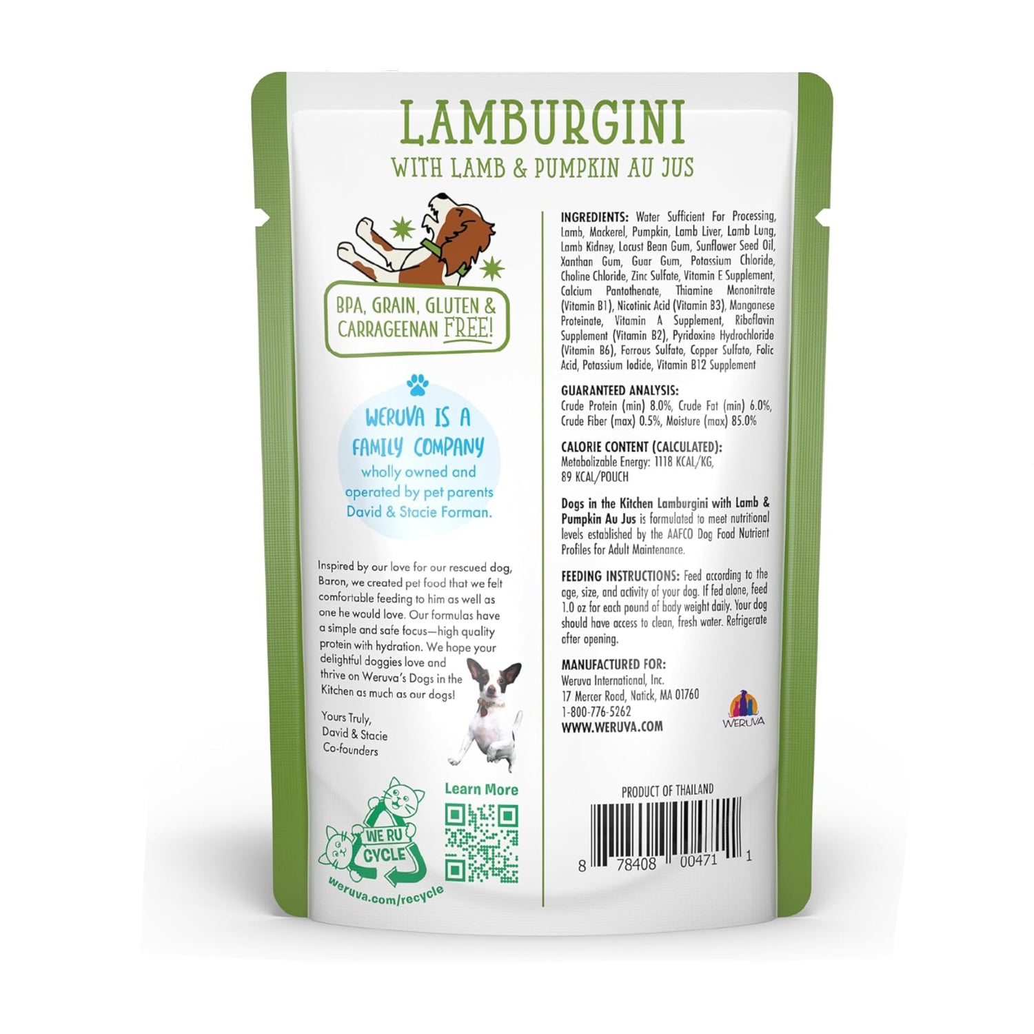 Weruva Dogs in The Kitchen Lamburgini dog food pouch with lamb and pumpkin au jus, 2.8oz, pack of 12, green packaging