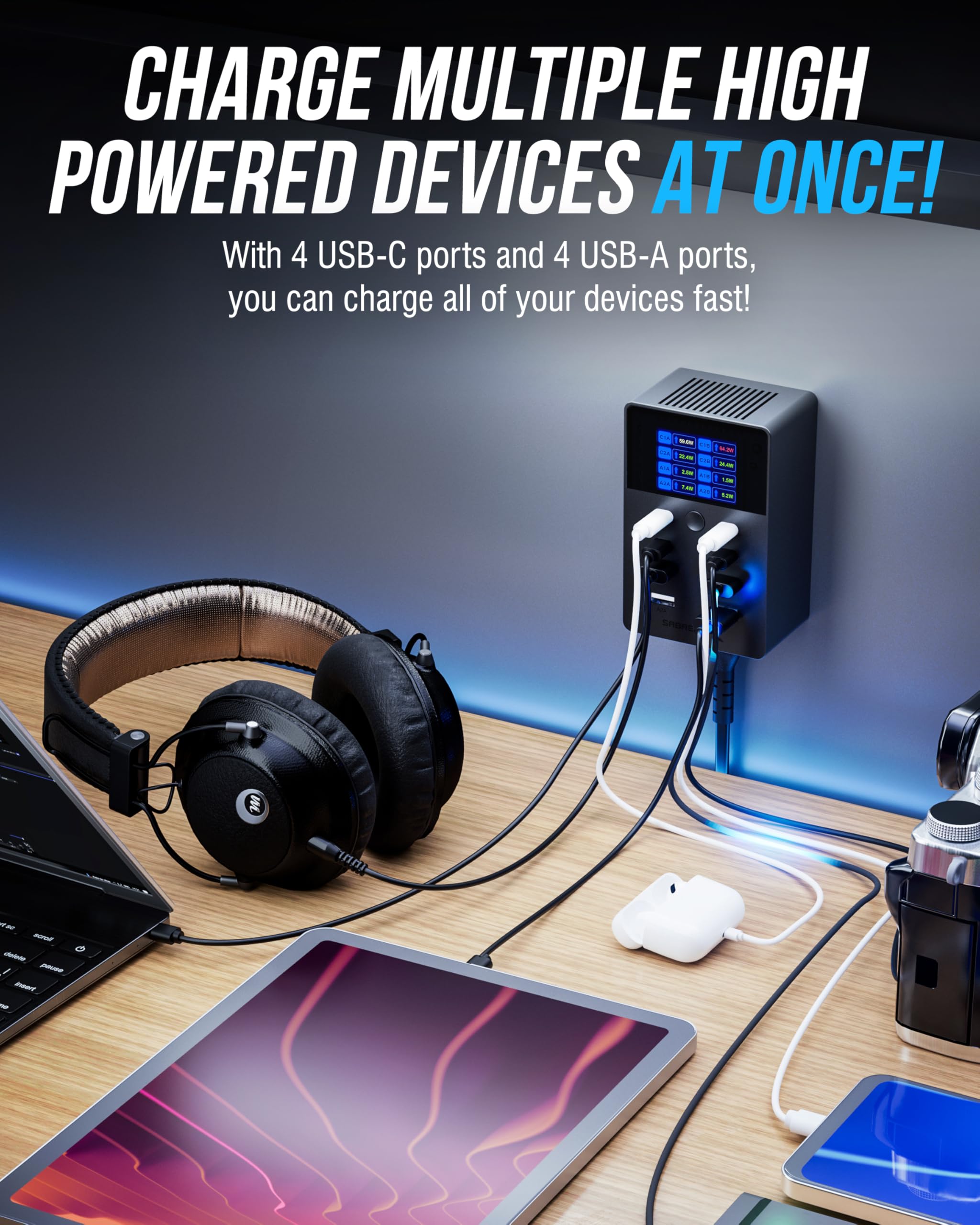 SABRENT VOLTIK Charging Station, 252W 8-Port USB C and USB A, LCD by SABRENT - Angle View 4