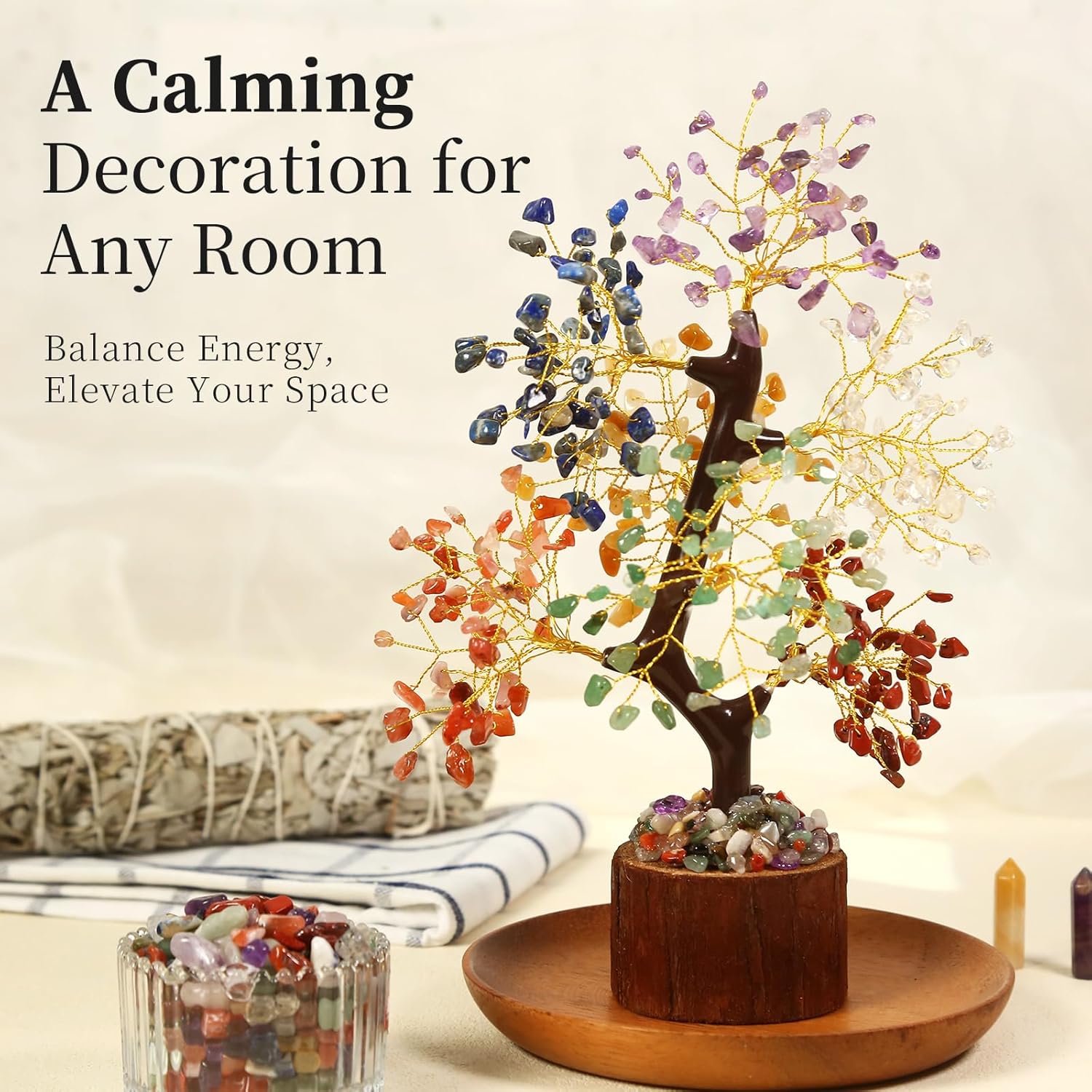 Crystal Tree of Life with Chakra Stones decor featuring a wooden base and colorful healing crystals for home or desk display.