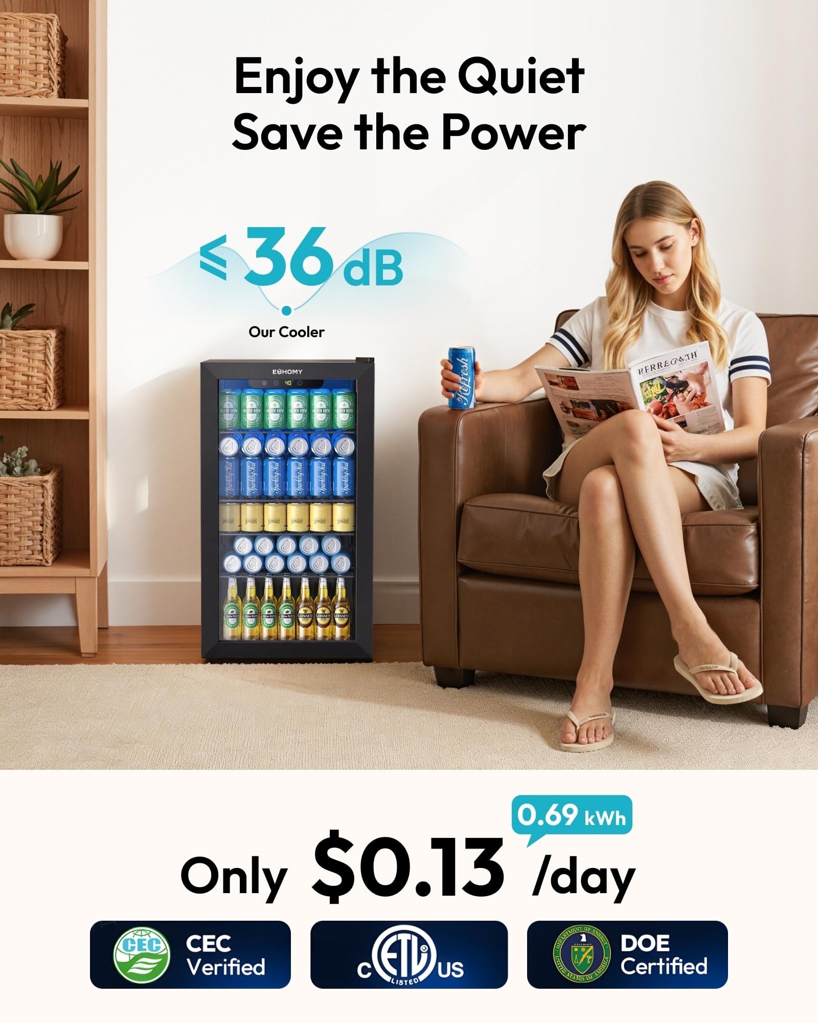 EUHOMY 130 Can Mini Fridge, Beverage Refrigerator with Glass Door, Black - EUHOMY Official Product View 7