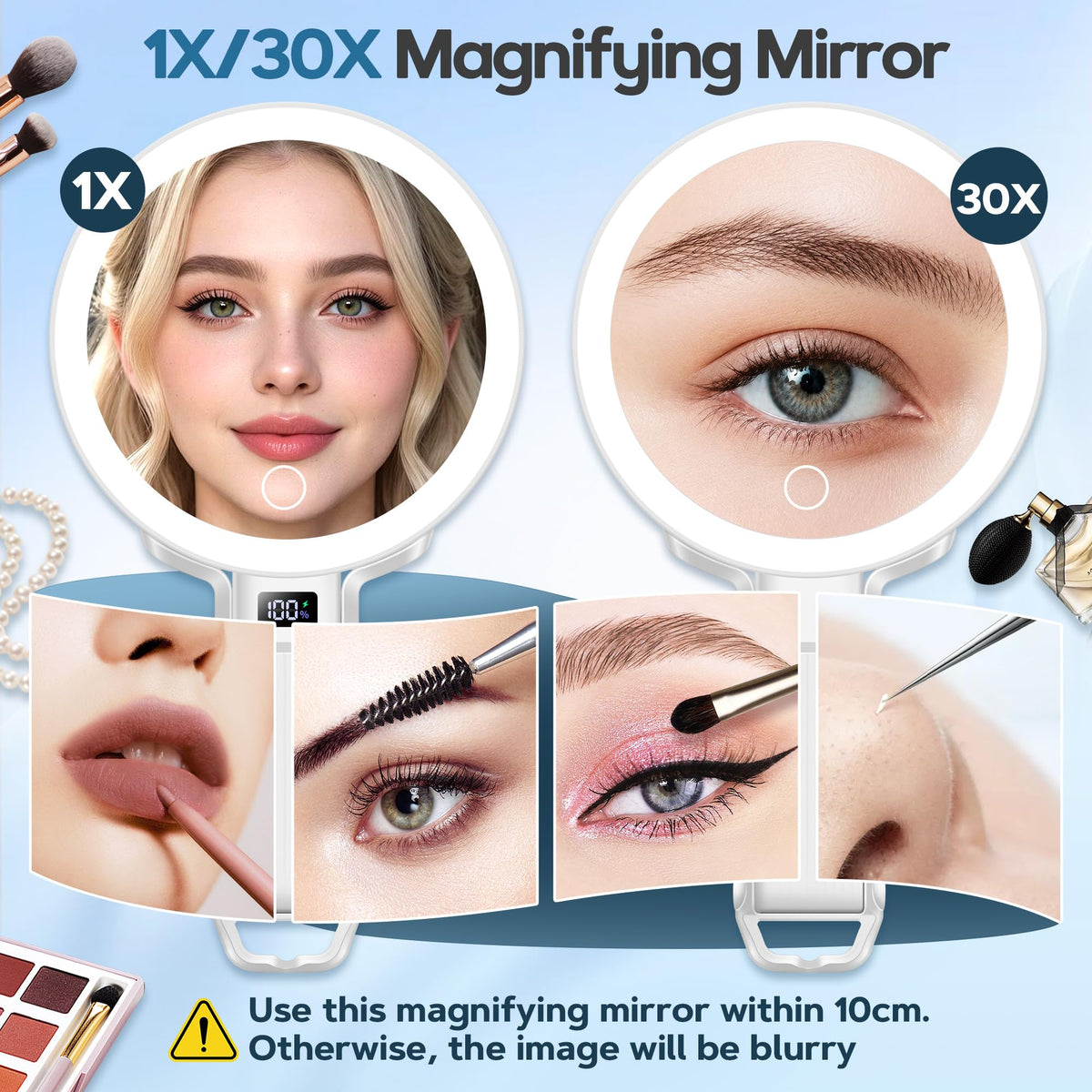 30X Travel Magnifying Mirror with Light Height Adjustable - MOMOKUBA Official Imagery - 5