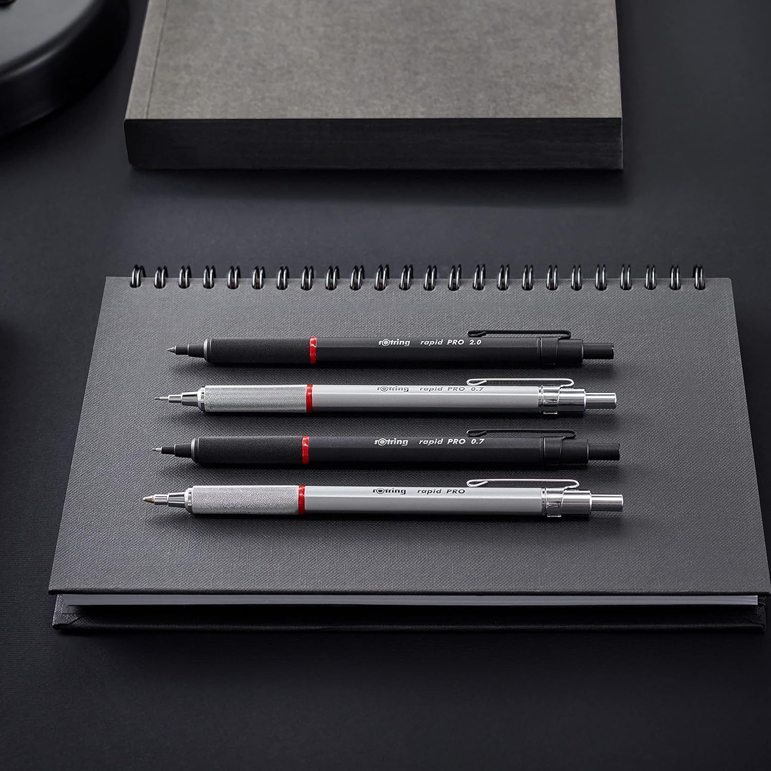 Rotring Rapid Pro mechanical pencil with 0.5 mm lead, matte black finish, designed for precise and smooth writing.