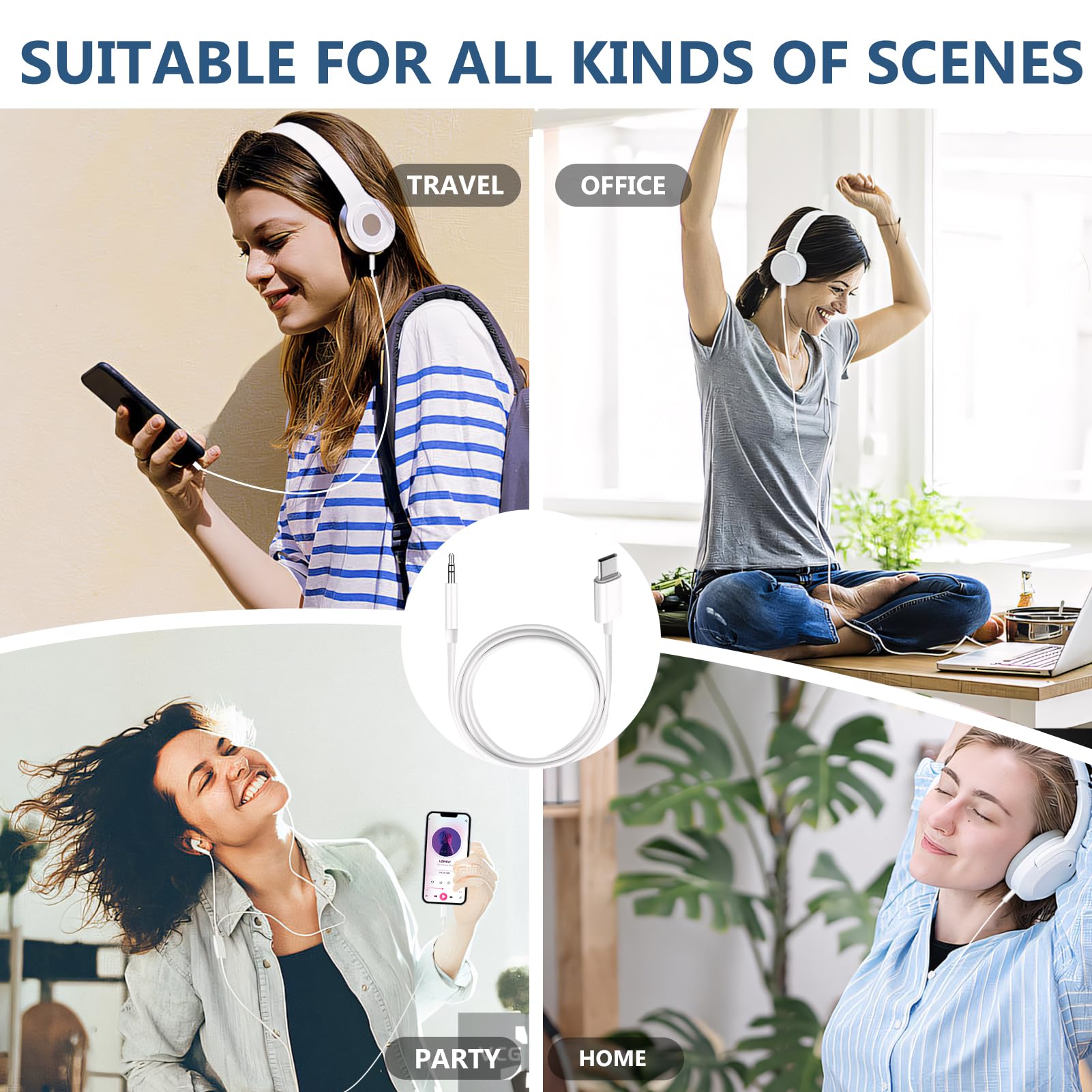 Seulliya USB C to 3.5mm audio aux cable in white, 3.3 ft stereo headphone cord for iPhone, Android, and Samsung devices.