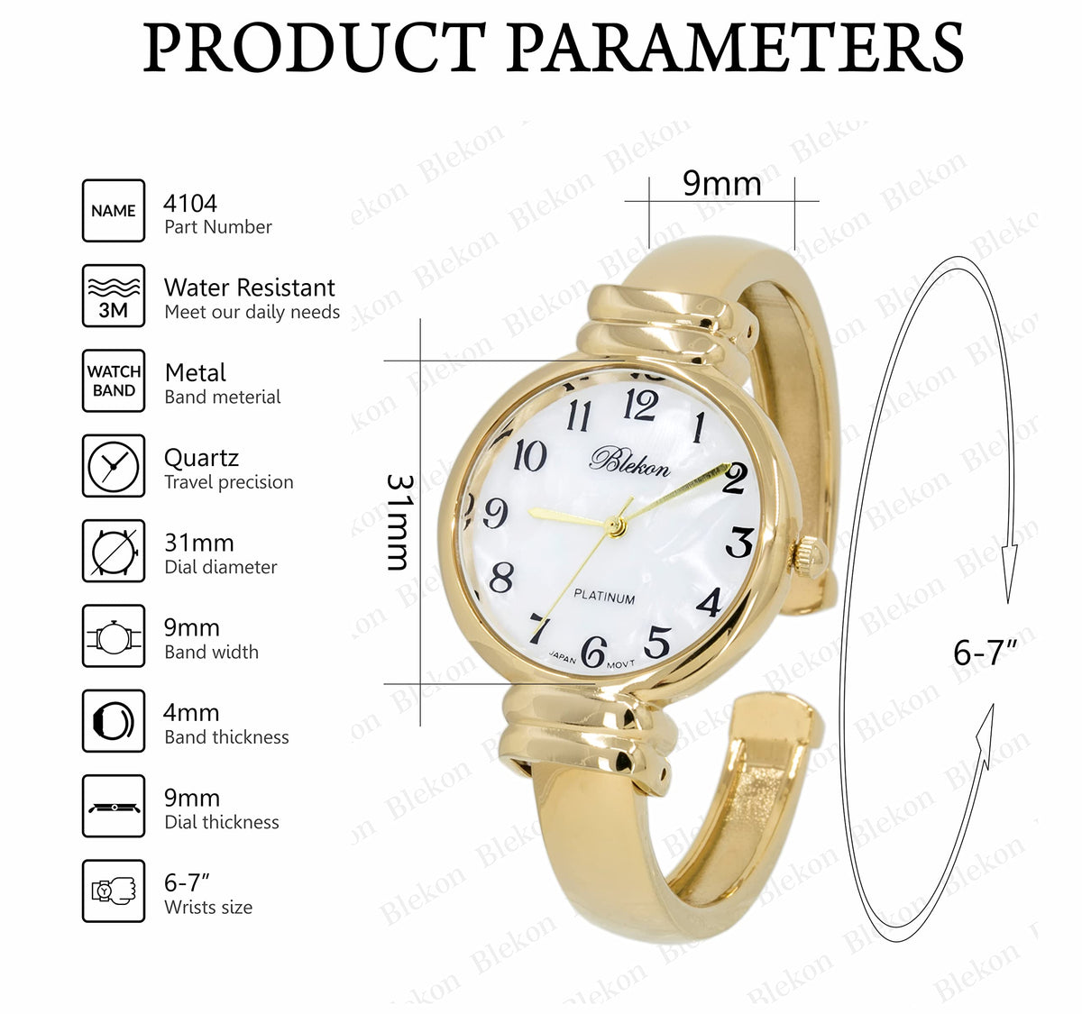 Original Mother of Pearl Cuff Bracelet Watch for Women with - Blekon Official Imagery - 3