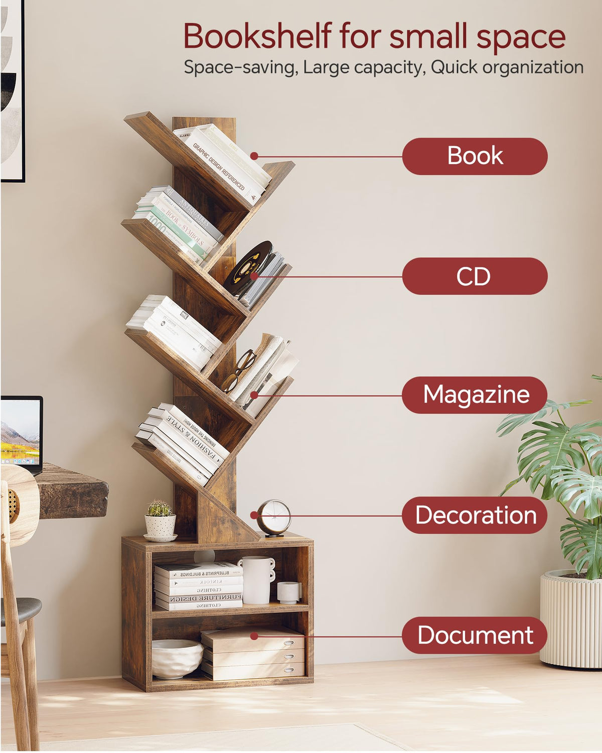 SUNMORY 6 Tier Tree Bookshelf Tall Small Bookcase with - SUNMORY Official Imagery - 8