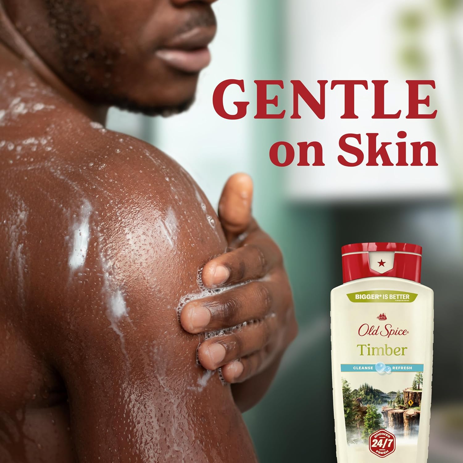 Old Spice men's Cleansing Body Wash 24/7 Shower Fresh with lasting scent, showing the bottle with label and fresh lather.