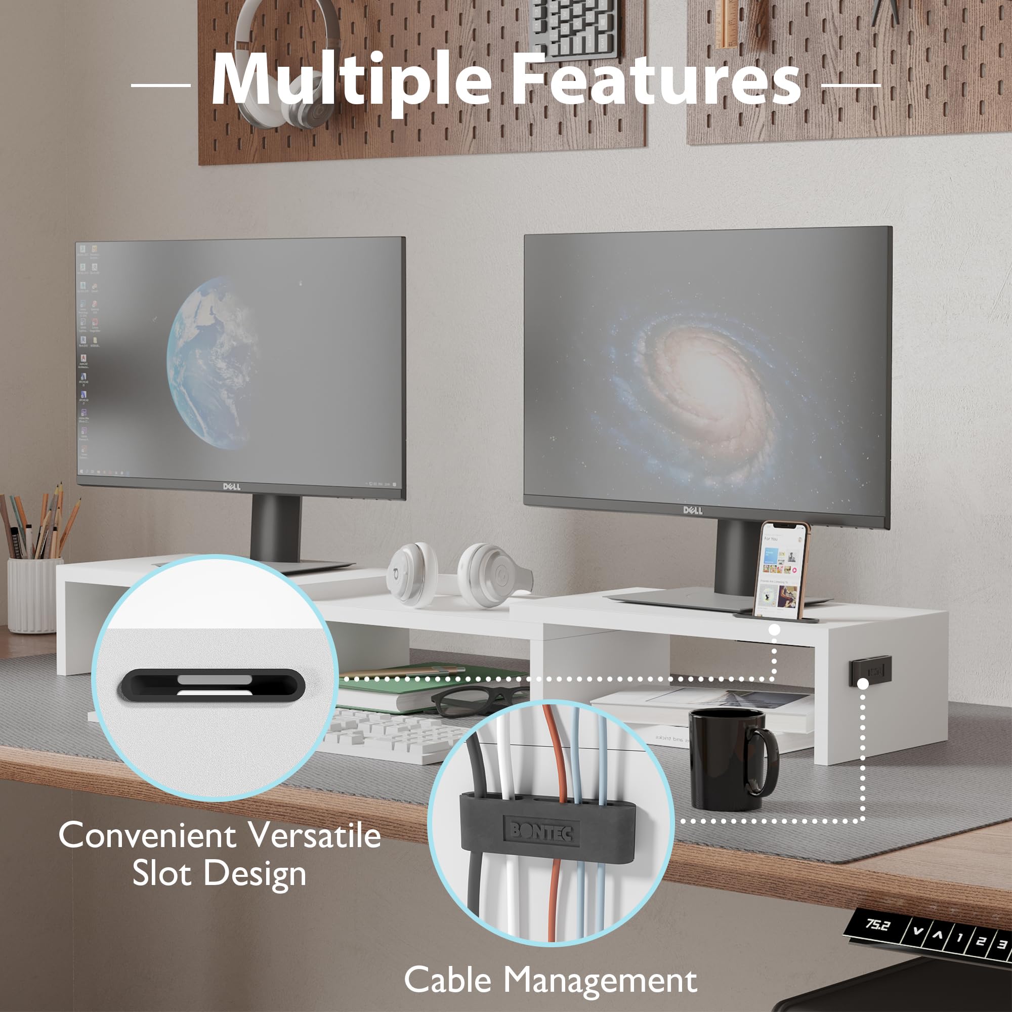 BONTEC dual monitor stand riser in white with adjustable length and swivel angle, supporting ergonomic workspace setup.