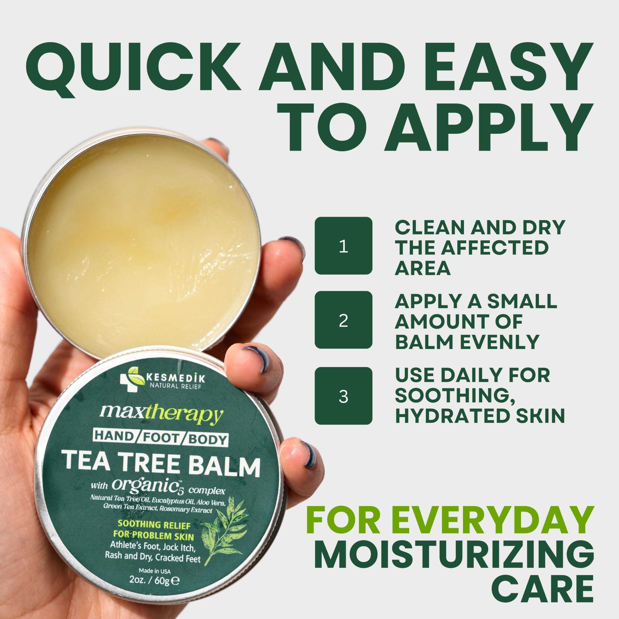 Kesmedik Tea Tree Oil Balm for antifungal skin relief, moisturizing skin moisturizer with natural tea tree extract.
