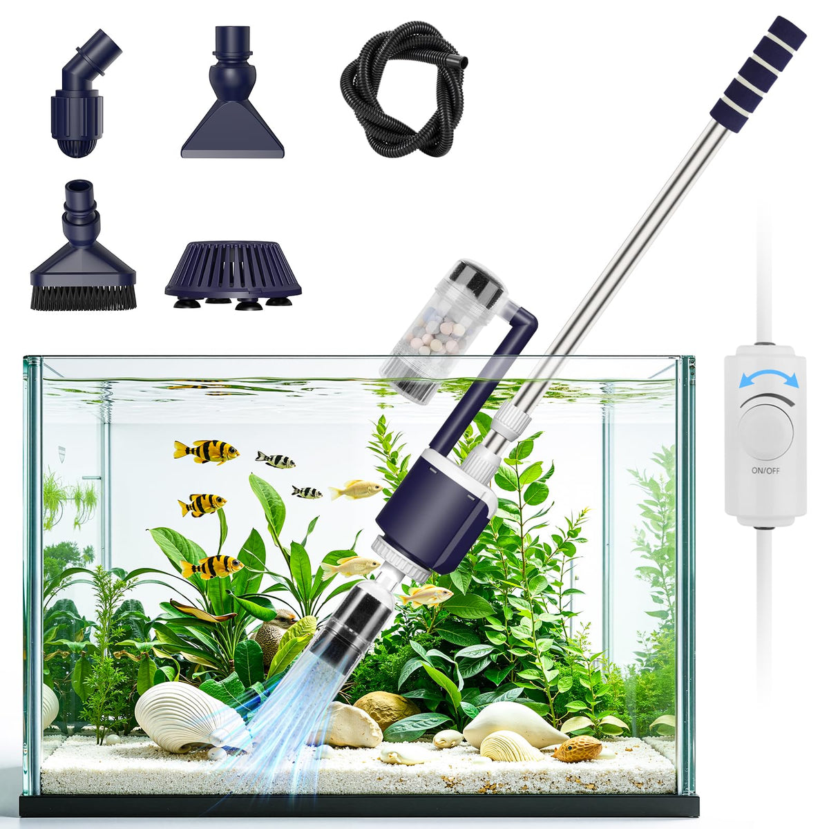 AQQA 600 GPH Electric Aquarium Gravel Cleaner 6 in 1 Fish - AQQA Official Imagery - 1