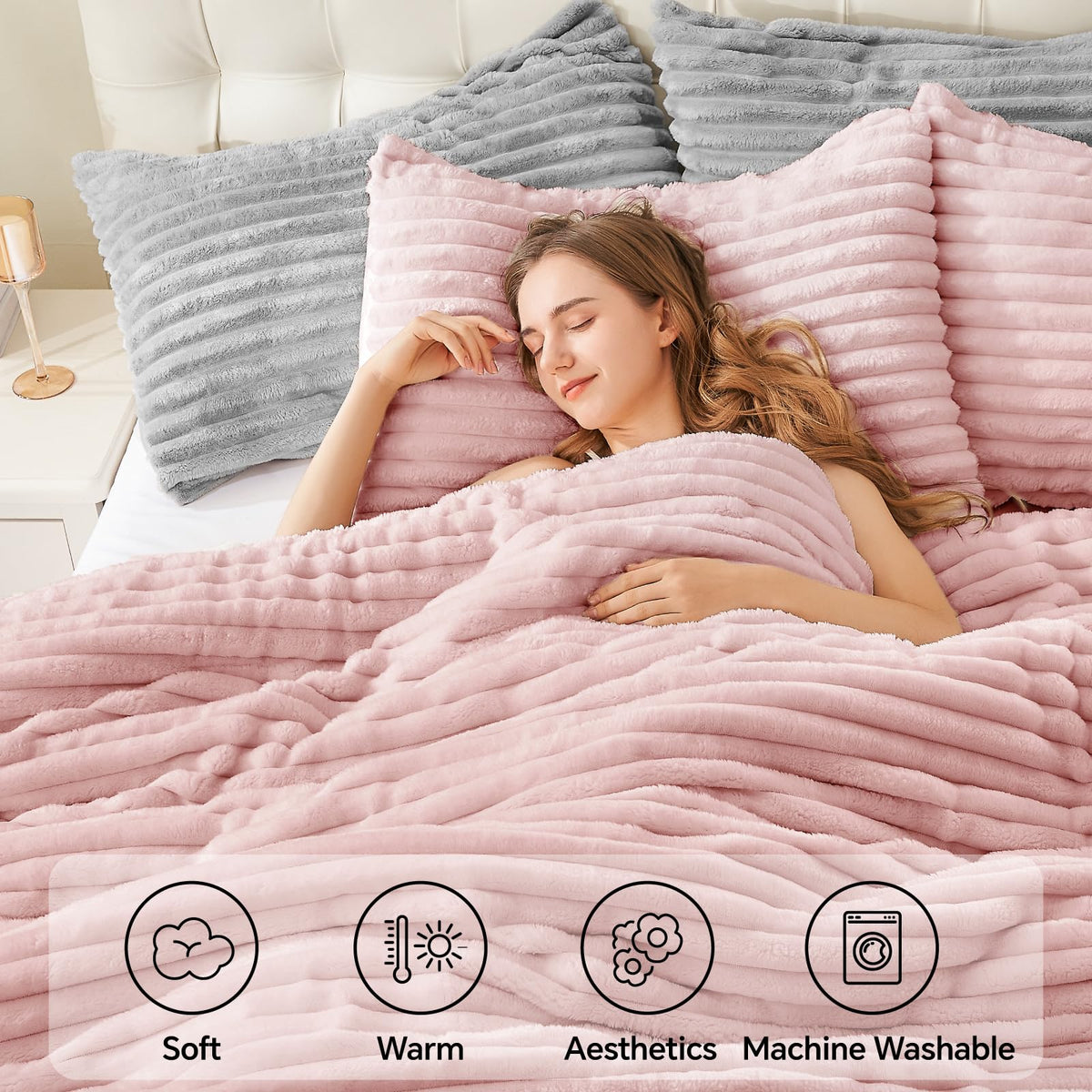 BEDELITE Fleece Queen Comforter Set Fluffy Bed Set Pink - BEDELITE Official Imagery - 4