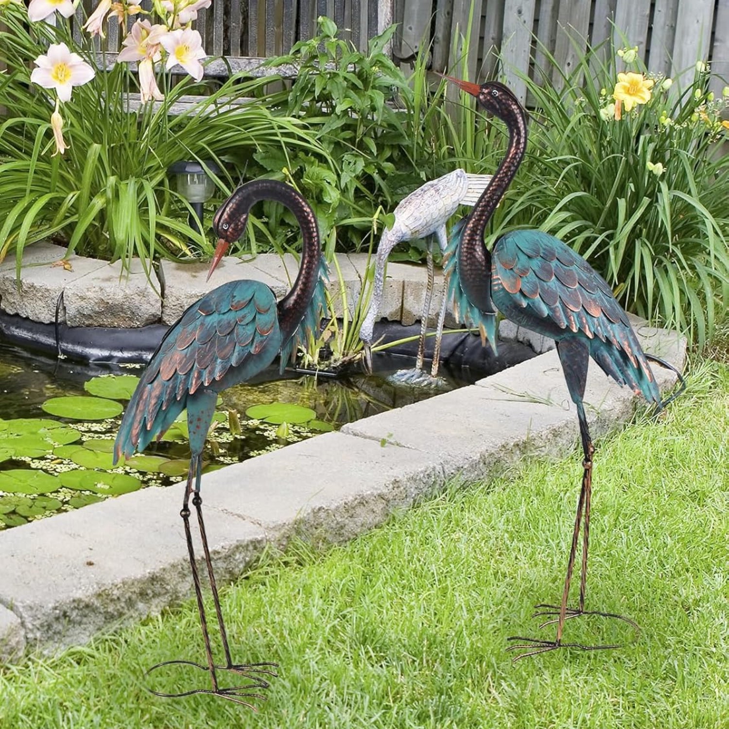 YEAHOME outdoor garden decor with two large metal heron statues, standing 37 and 40 inches tall, suitable for yard or patio.