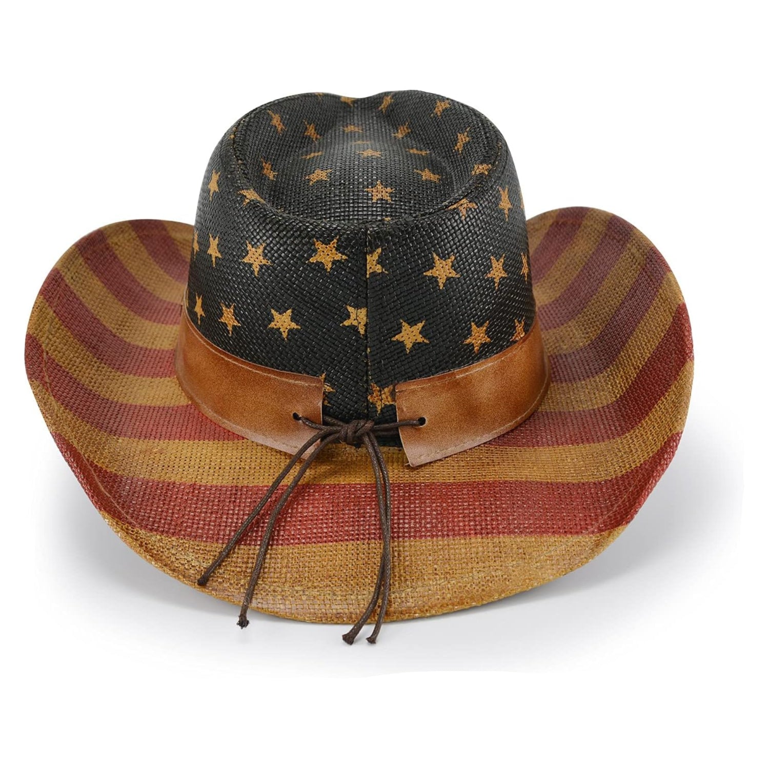 Vintage USA cowboy hat by FLUFFY SENSE with patriotic American flag design, tea-stained finish, shapable brim, Western cowgirl style.