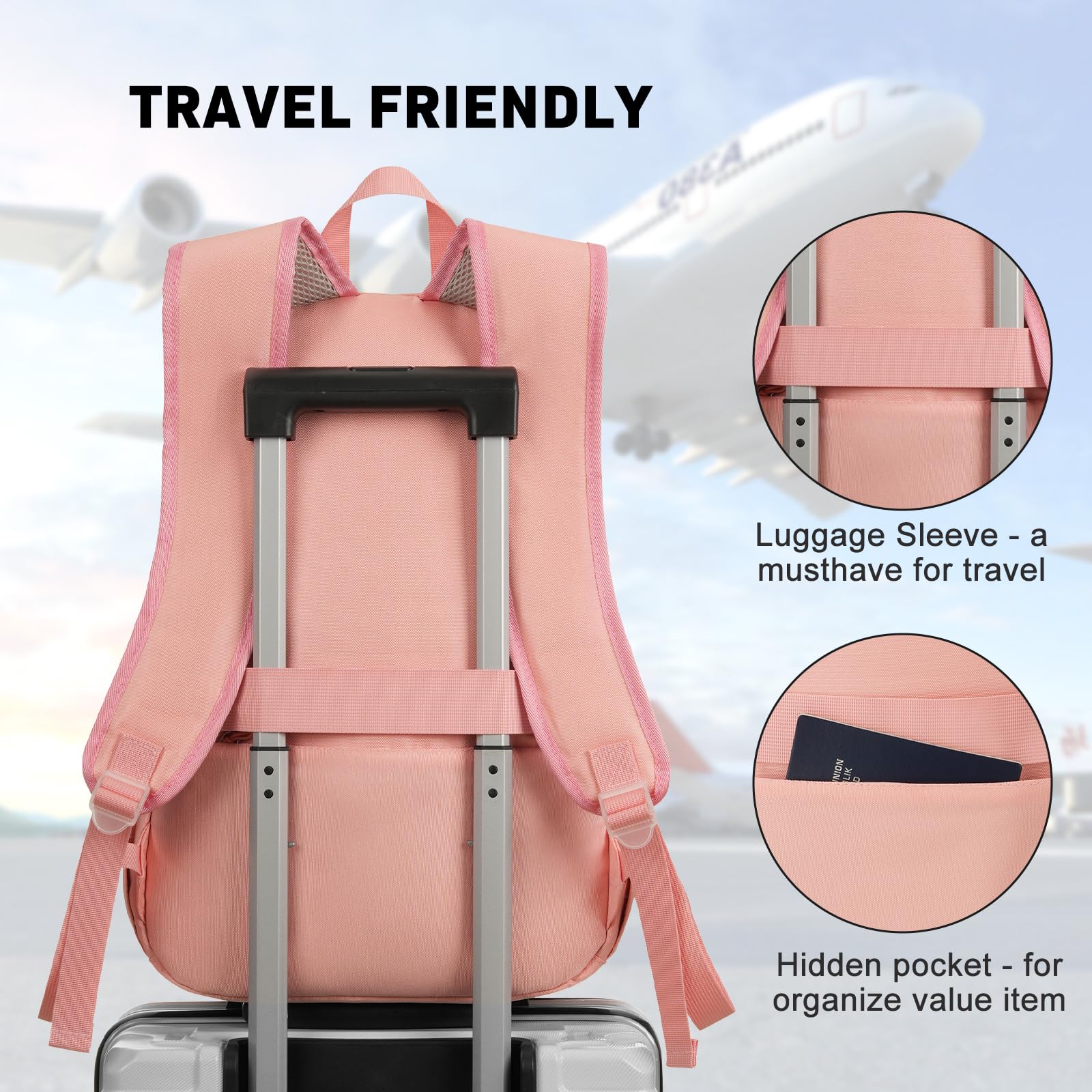 Pink YAMTION backpack for teen girls, casual school bag with laptop compartment, suitable for middle school, high school, college, and travel.