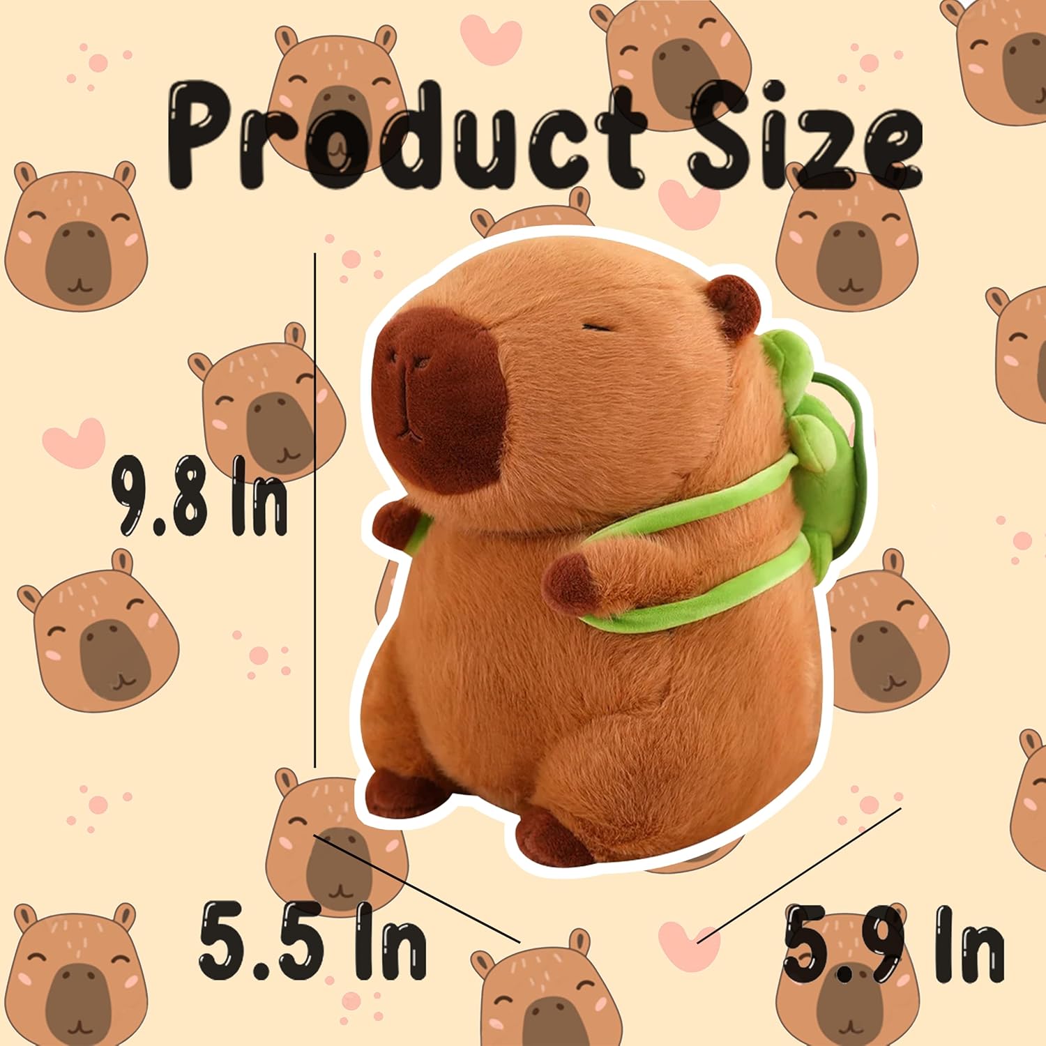 Cute 9.8-inch Kaizenjoy capybara plush toy with a turtle-shaped backpack, soft and cuddly animal plush for kids.
