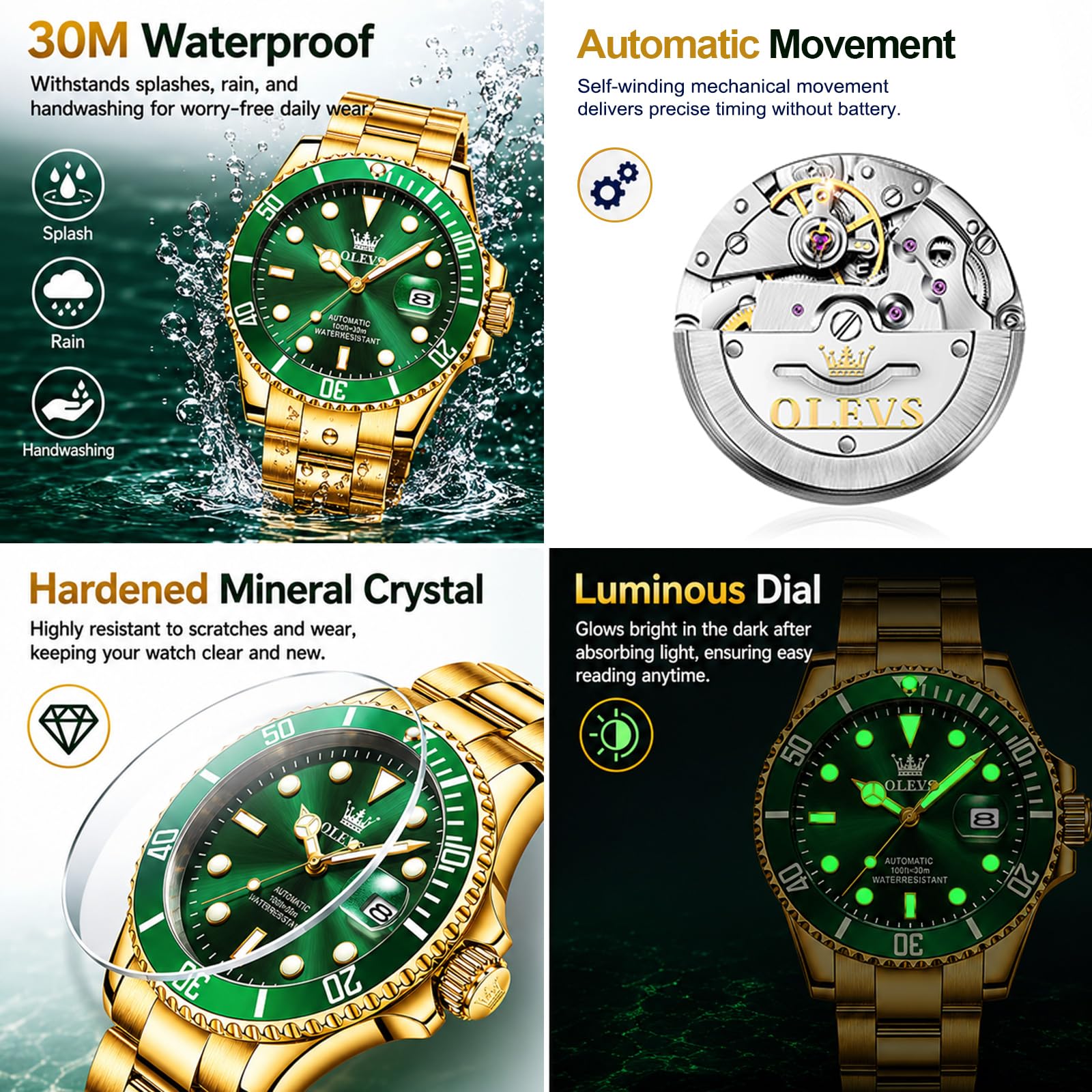 OLEVS Men's Luxury Gold Automatic Watch Green Dial Luminous