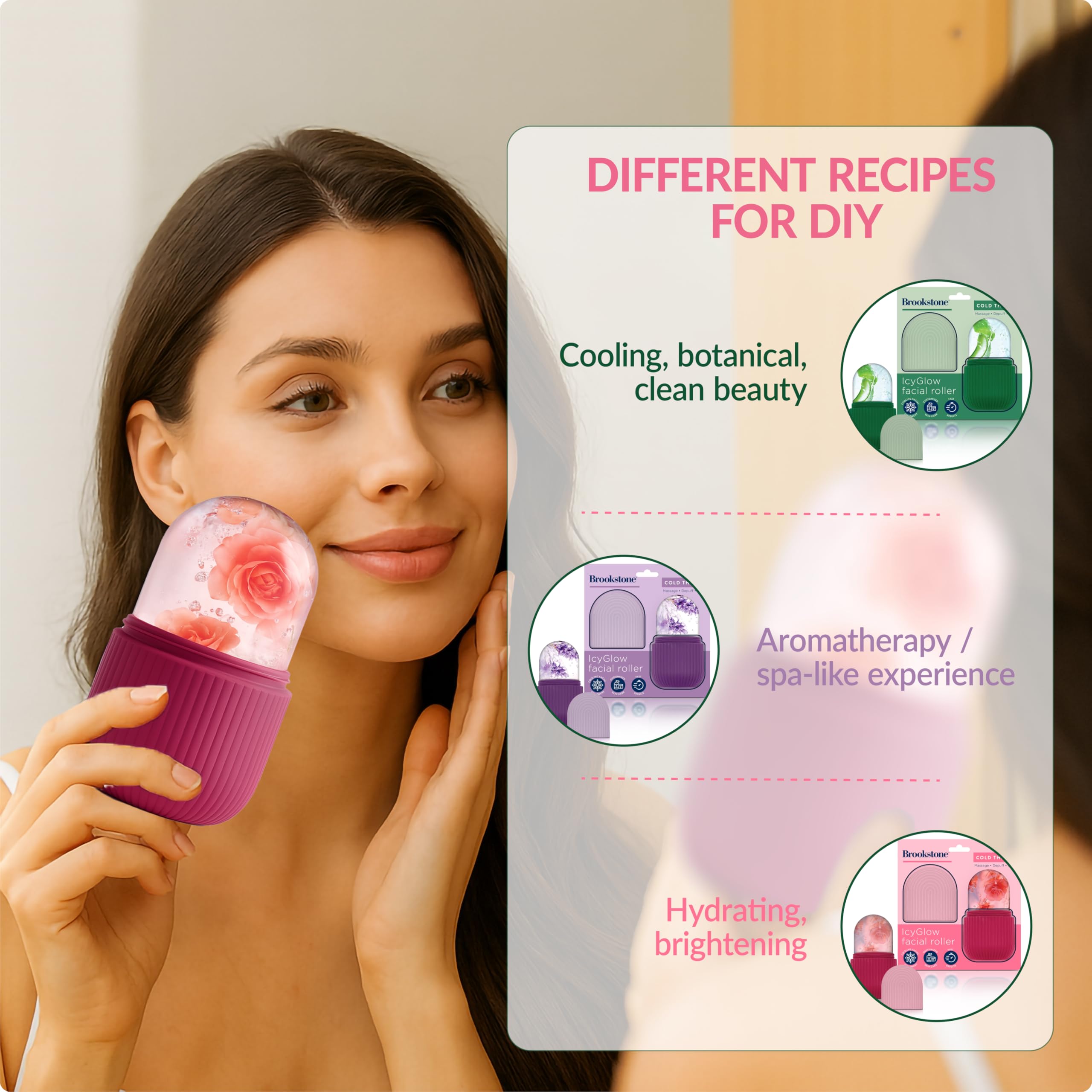 Pink Brookstone IcyGlow ice roller kit for face and neck, includes massager with textured surface for soothing skincare relief.