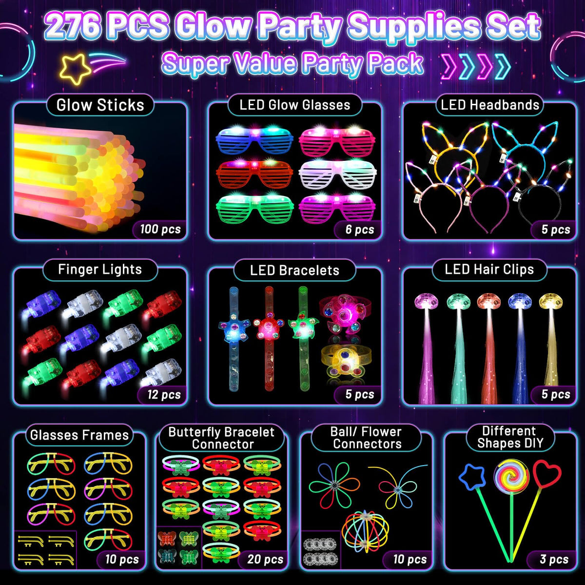 276 PCS Glow in the Dark Party Supplies Light Up Party - Tetutor Official Imagery - 3