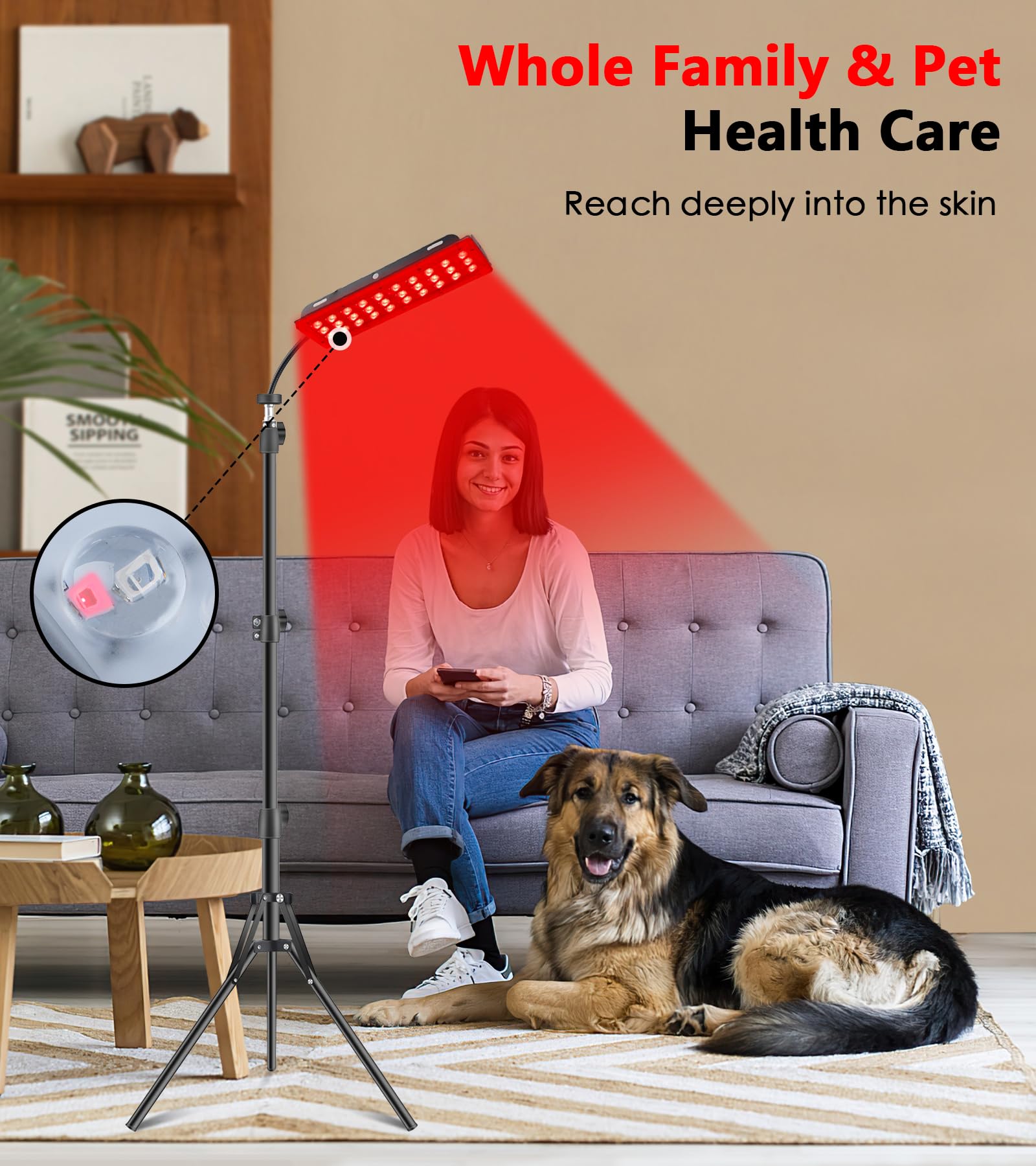 Astarexin red light therapy panel with stand displaying 660nm and 850nm wavelengths for personal health care treatment.