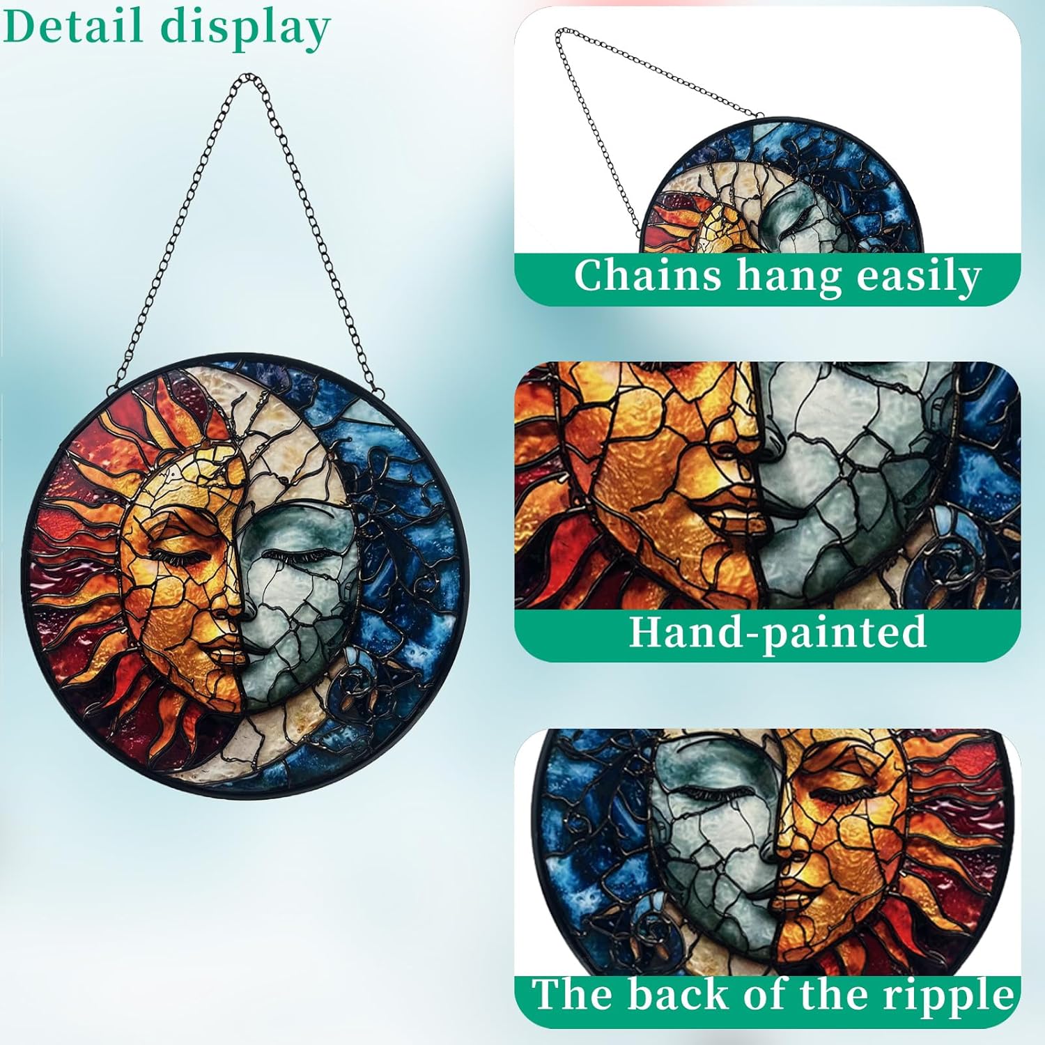 Colorful stained glass sun and moon decor suncatcher hanging from a window with intricate design by Giftway.