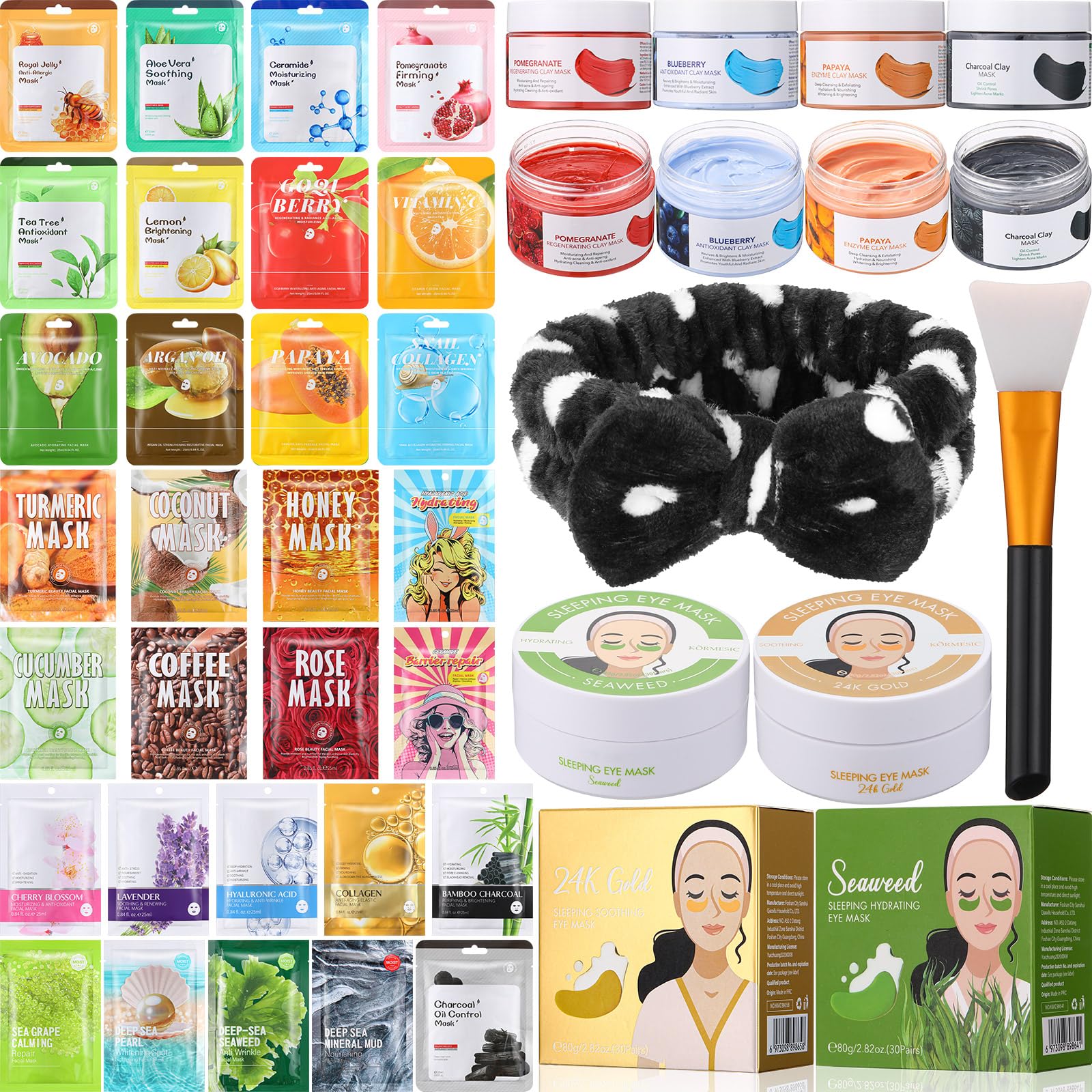96 Pcs Face Mask Set with Clay Masks, Eye Patches and Brush - Product Imagery