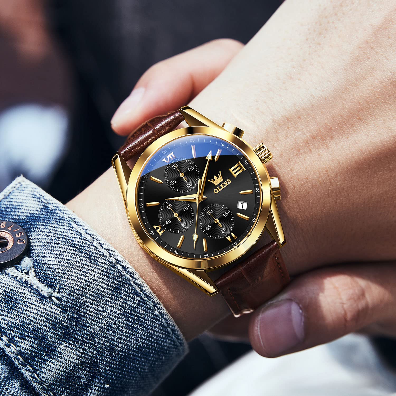 OLEVS Men's Chronograph Watch Leather Band Rose Gold
