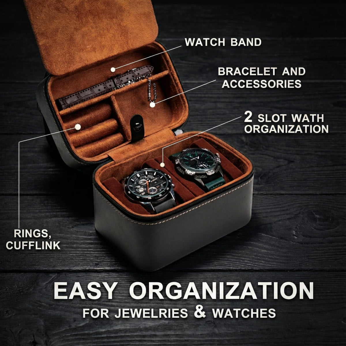 2 slots premium leather Watch travel Case Hard watch storage - AUKURA Official Imagery - 4