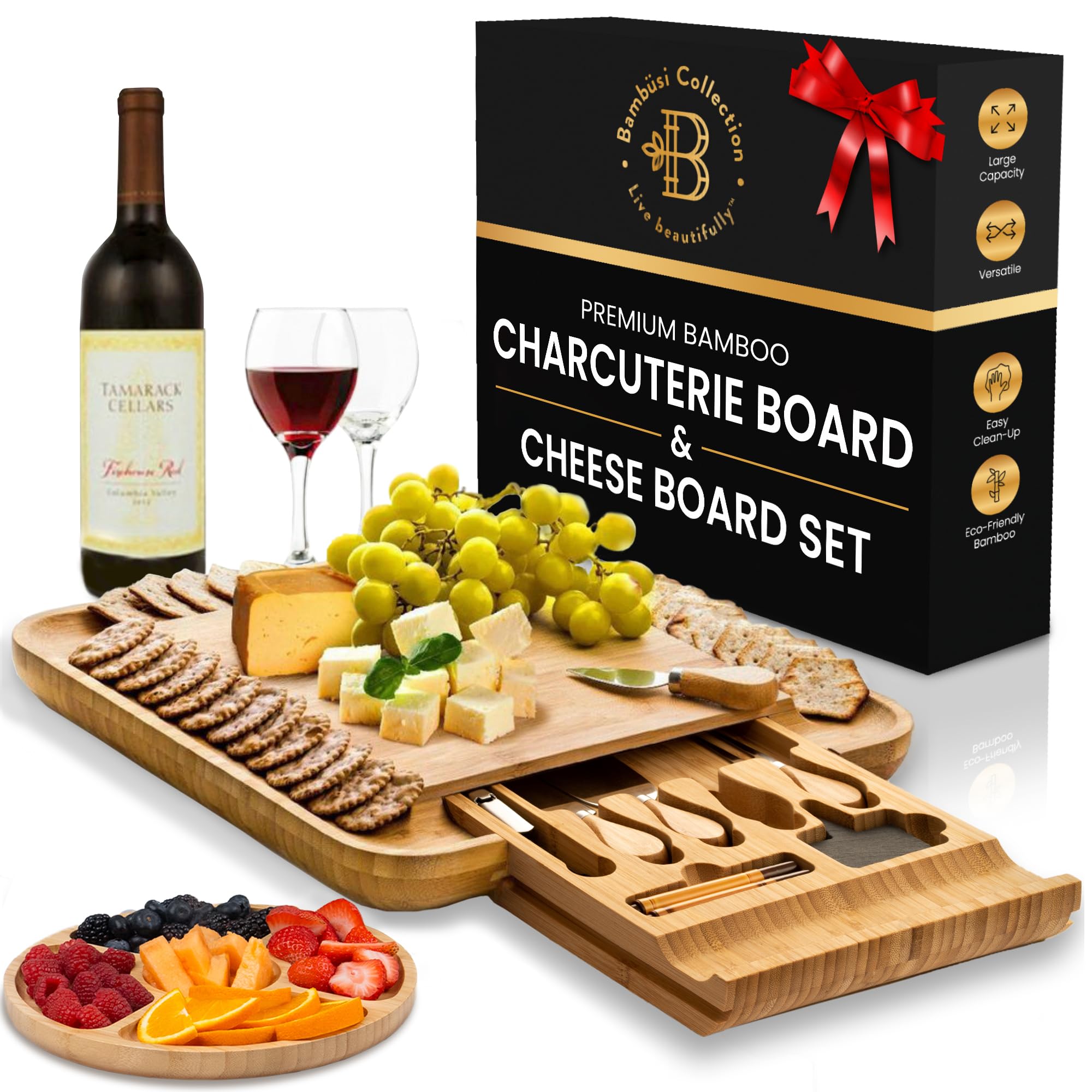 Charcuterie Boards Gift Set, Bamboo Cheese Board with Serving - Product Imagery